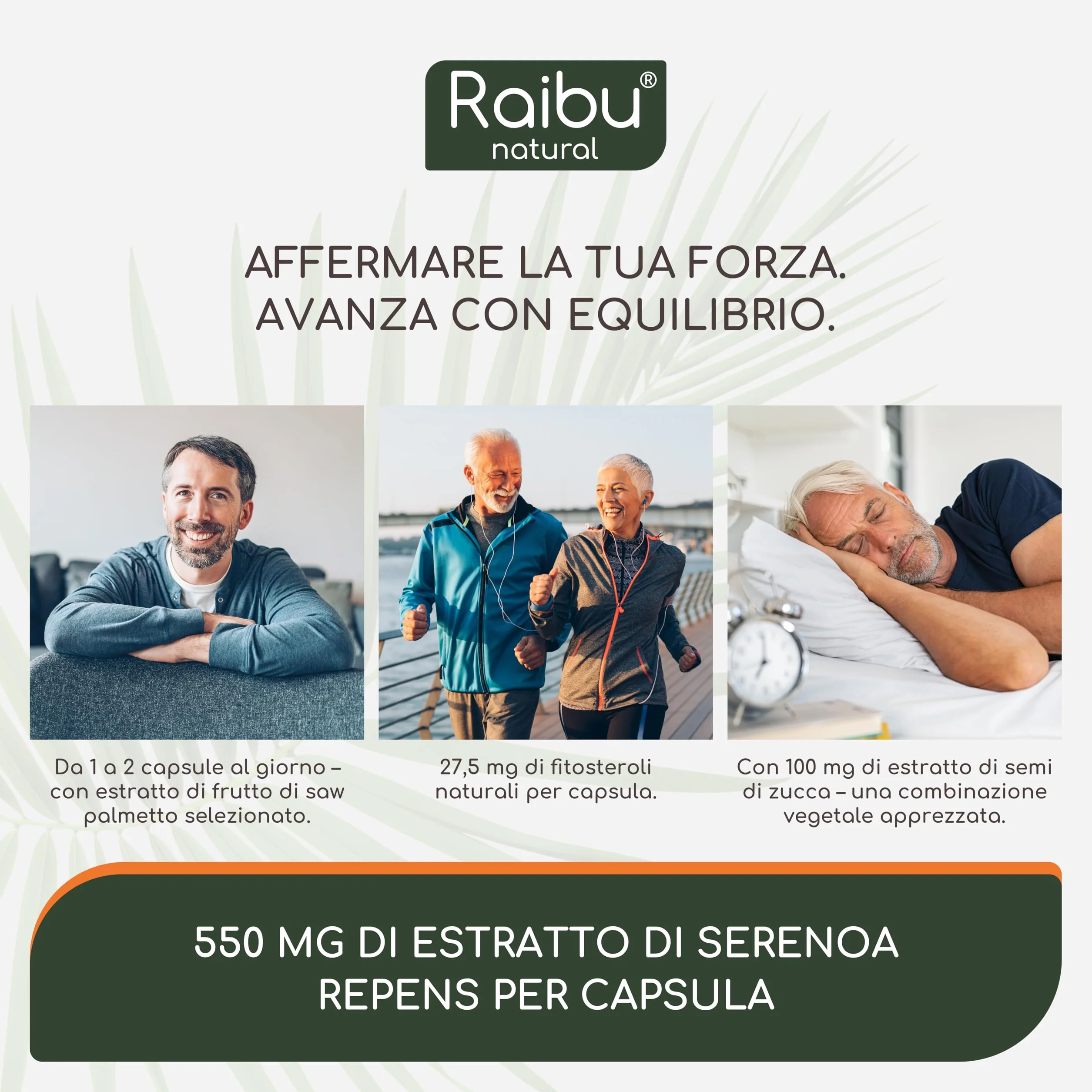 Raibu Serenoa Repens 1100 mg Integratore Prostata Uomo, Estratto 20:1 Saw Palmetto con Semi di Zucca, 120 Capsule Vegane