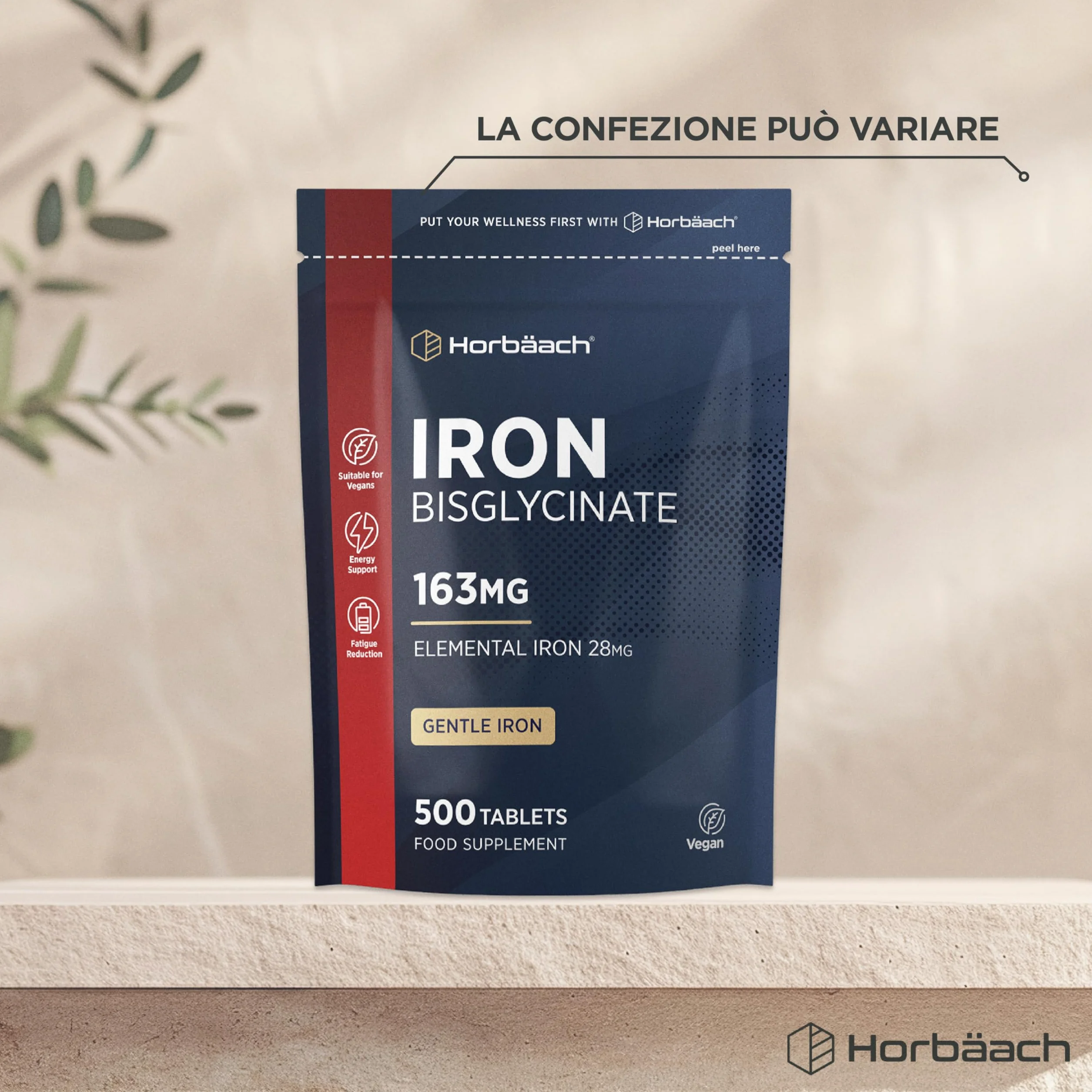 Ferro Integratore Forte 28 mg | 500 Compresse Vegane | Ferro Bisglicinato | Supporto Energetico | Gentle Iron Supplement | di Horbaach