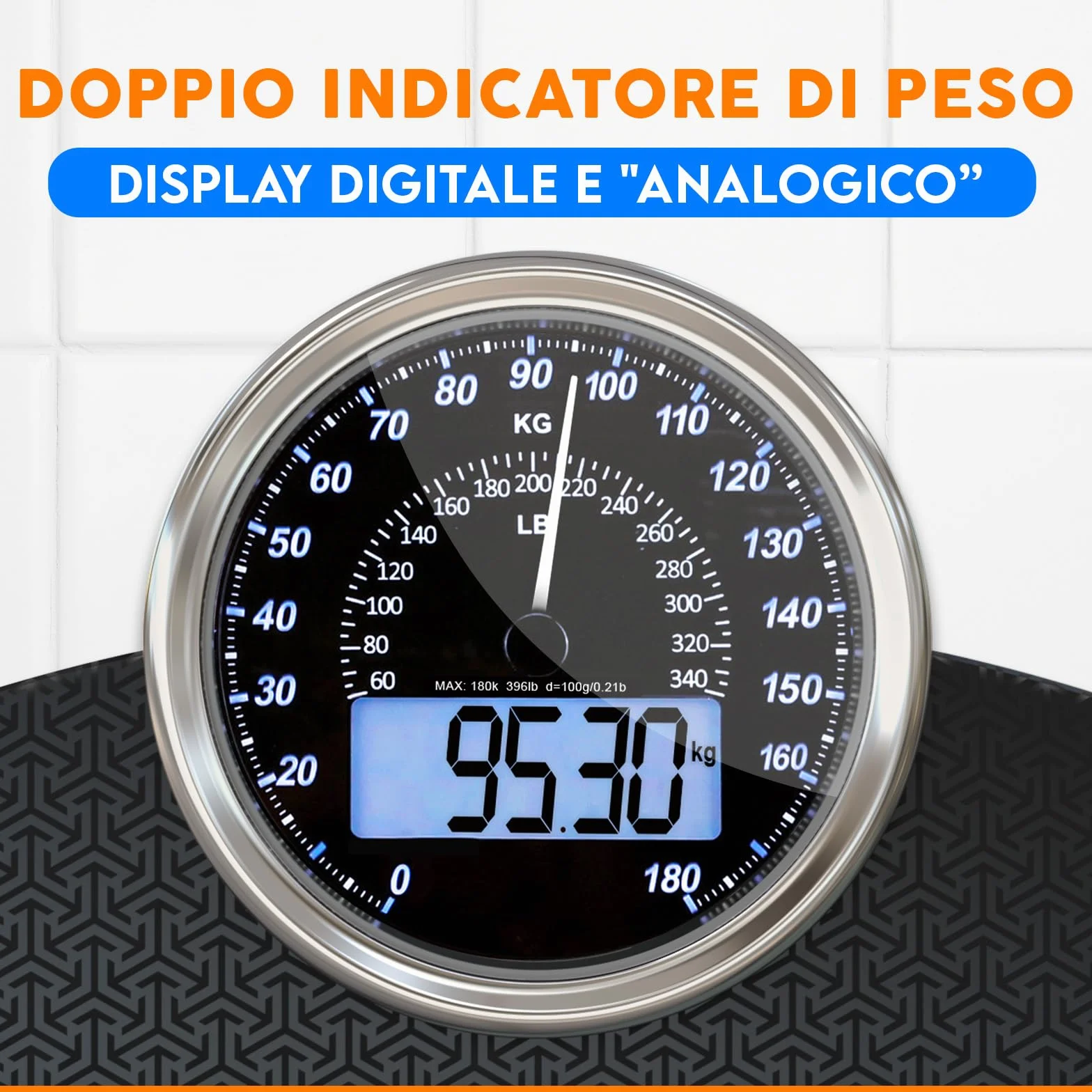ZENO Bilancia Pesapersone Ibrida Digitale & Analogica 2-in-1 Fino a 180 kg Vetro Temperato Display Retroilluminazione