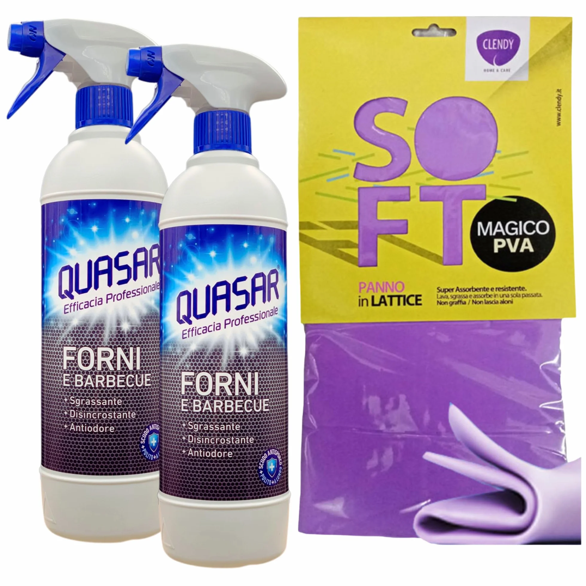 SET QUASAR: 2x Detergente Spray FORNI & BARBECUE, Sgrassante, Disincrostante e Antiodore 580ml + Panno In Lattice SOFT, Formato 30x30