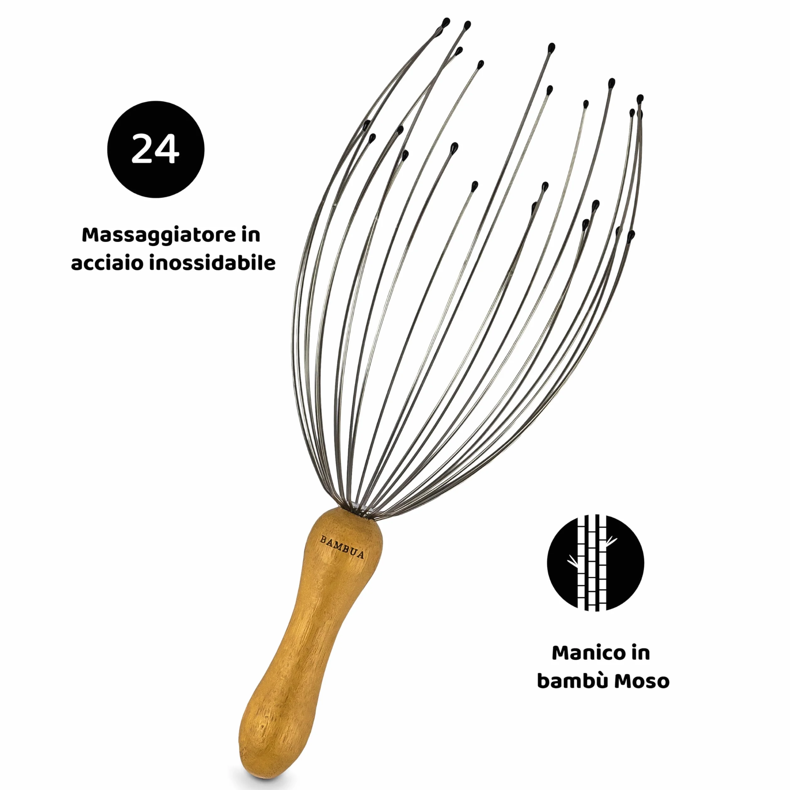 BAMBUA - Massaggiatore Testa Capelli (Manico in bambù) con 24 Dita - Massaggio testa di Alta Qualità per una Sensazione di Relax Sostenibile - Massaggiatore Cuoio Capelluto