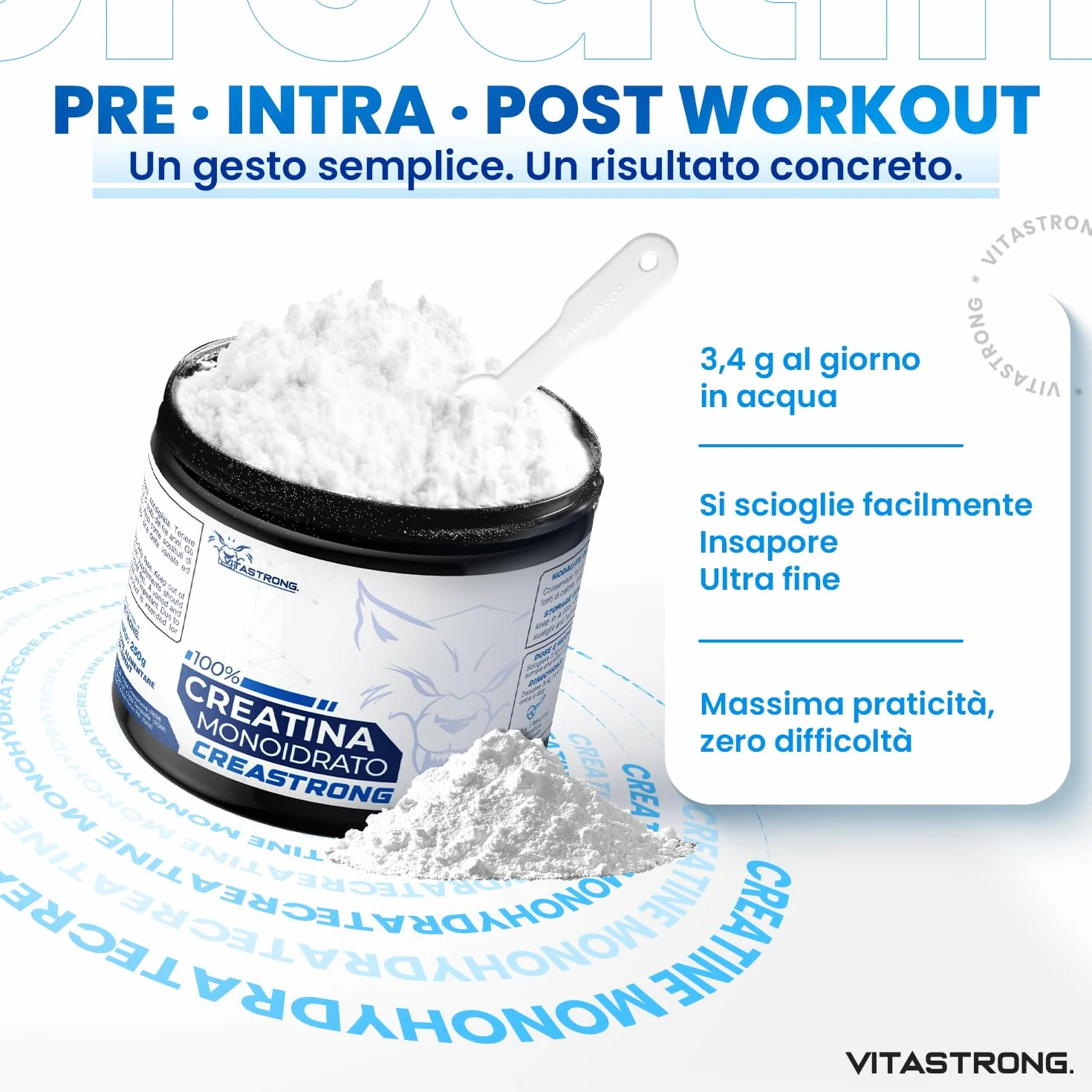 Creatina Monoidrata 3000mg CreaStrong Vegan Pura, Creatina in Polvere Senza Additivi 250g