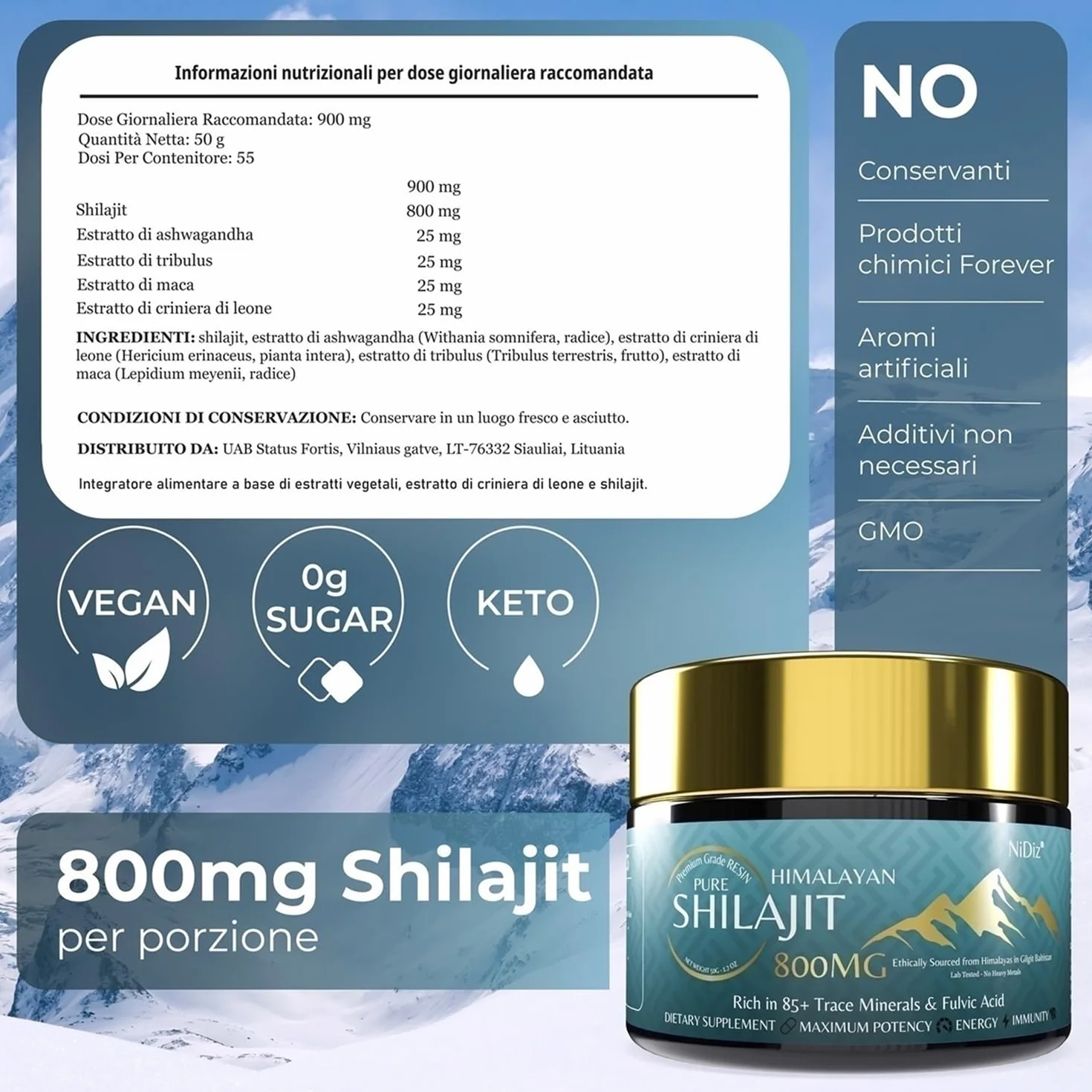 100% Shilajit Himalayano Puro 800MG, Erbe Ayurvediche 5 in 1, Testate in Laboratorio in Europa, 50g