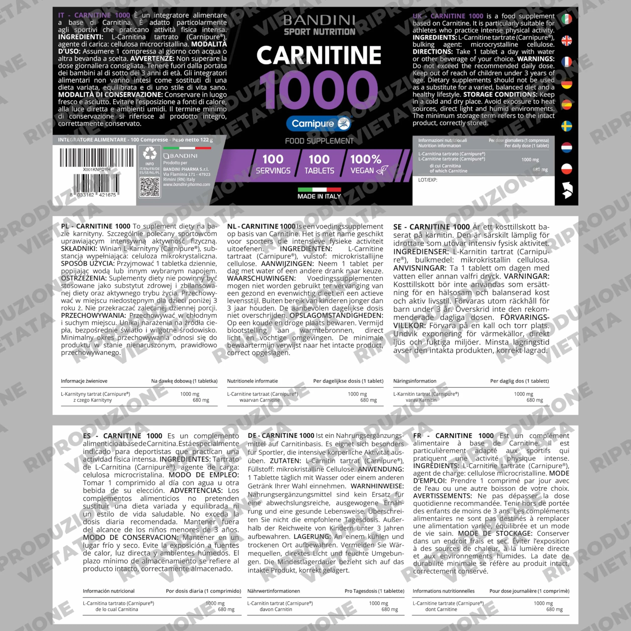 Bandini® L CARNITINA 1000 | 100 Compresse con Carnipure® (100 dosi, 100 giorni) | Integratore con L-Carnitina Tartrato Vegan | Carnitine Pura per Atleti e Sportivi - Energia, Resistenza e Recupero