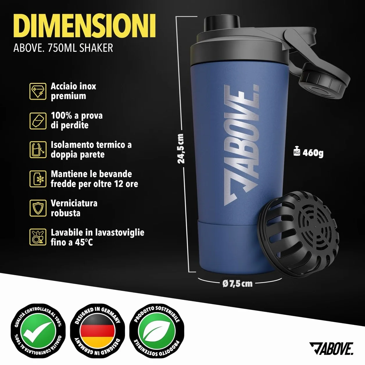 ABOVE. Shaker Proteine Acciaio Inox 750ml – Senza BPA e Termico: Bevande Fredde per 12H – Scala Incisa & Tappo 100% Antigoccia – Robusto e Durevole – Lavabile in Lavastoviglie fino a 45°C (Blu)