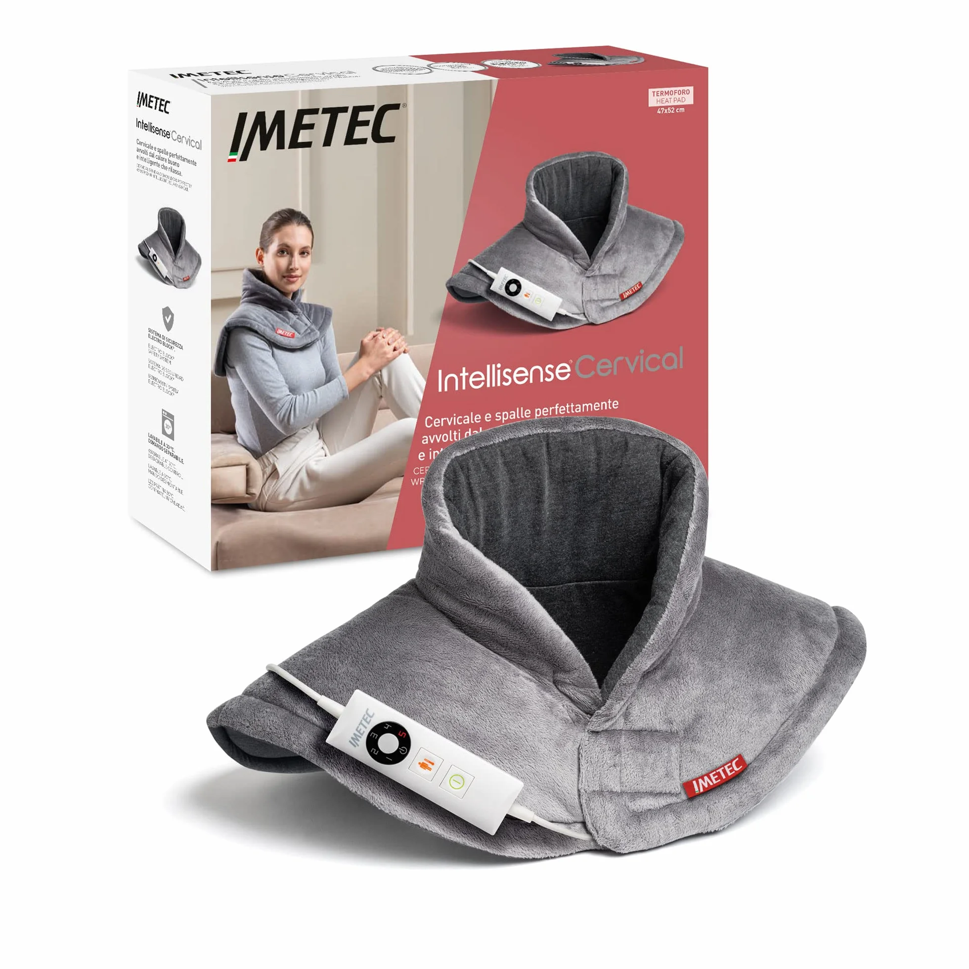 Imetec Intellisense Cervical – Termoforo cervicale e spalle, sollievo a tensioni e contratture, 47x52 cm, tessuto anallergico lavabile, 5 temperature, massima vestibilità