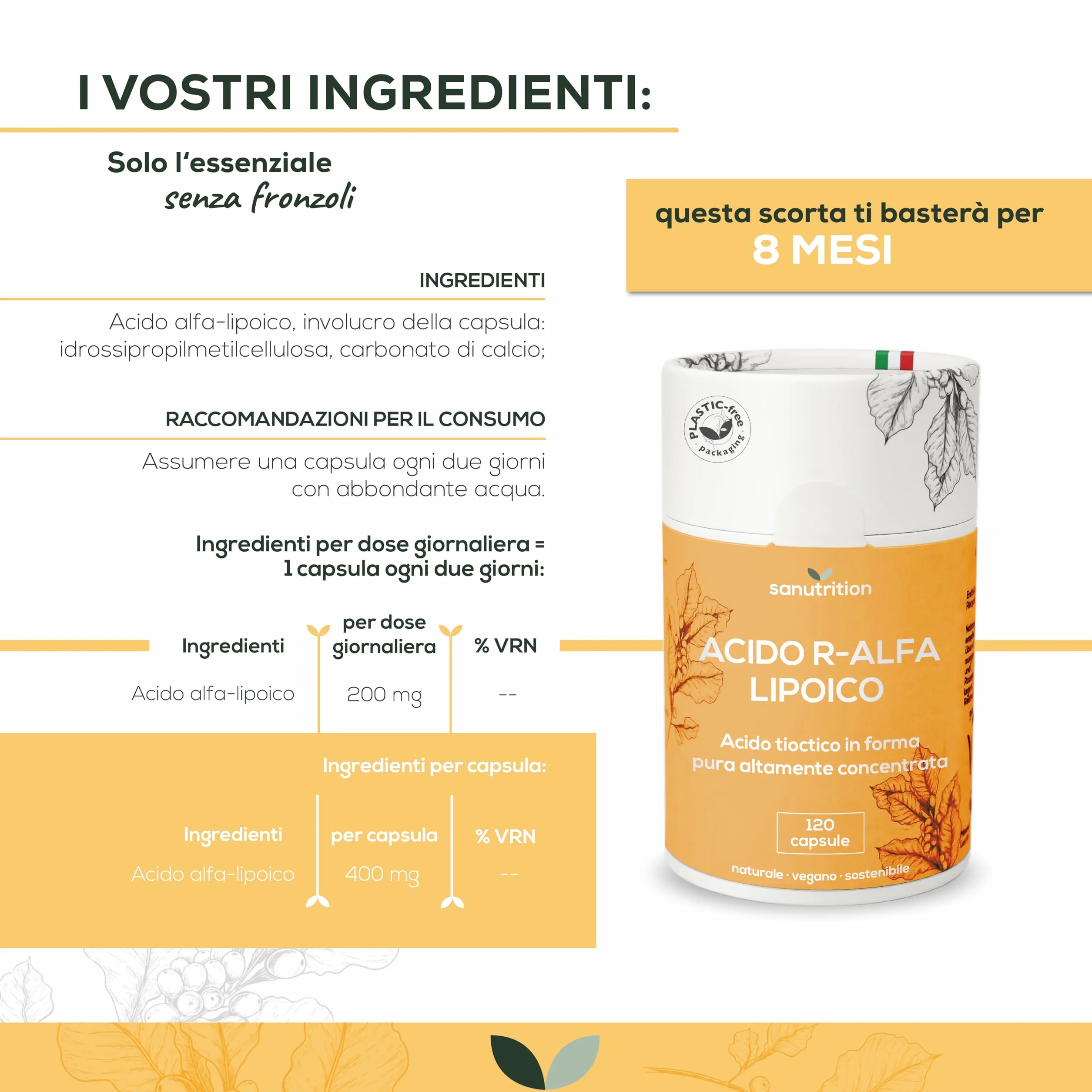 Acido Alfa-Lipoico 400 mg 120 capsule Alta concentrazione vegano
