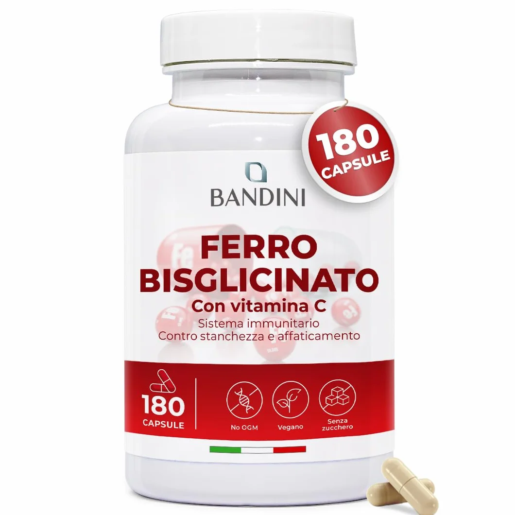 Bandini® Ferro Bisglicinato 80mg + Vitamina C 180 Capsule Vegan (Scorta di oltre 6 Mesi) - Contribuisce al Normale Metabolismo Energetico - Altamente Assimilabile e Biodisponibile - Iron + Vit C 160mg