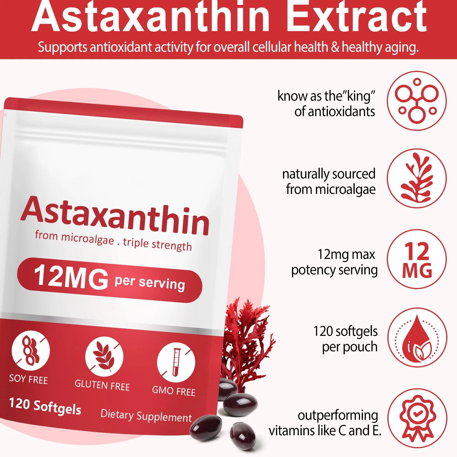 Integratori di Astaxanthin, Premium supporta occhi, articolazioni, circolazione e pelle - Formula naturale anti-invecchiamento, non-GMO