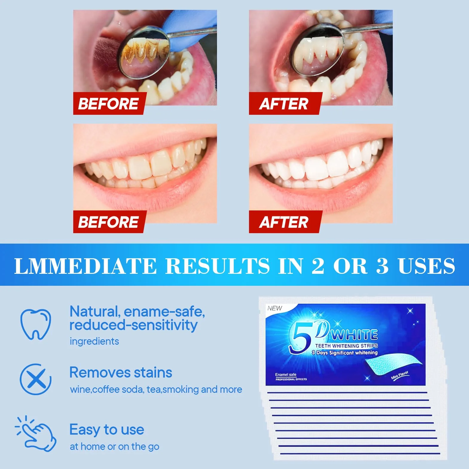 Sbiancante Denti,28 Striscie Strisce Sbiancanti Denti Sbiancante Denti Professionale kit Sbiancamento Denti Whitening Strips Rimuove le Macchie Profonde Teeth Rapid Whitening Sicuro per Smalto