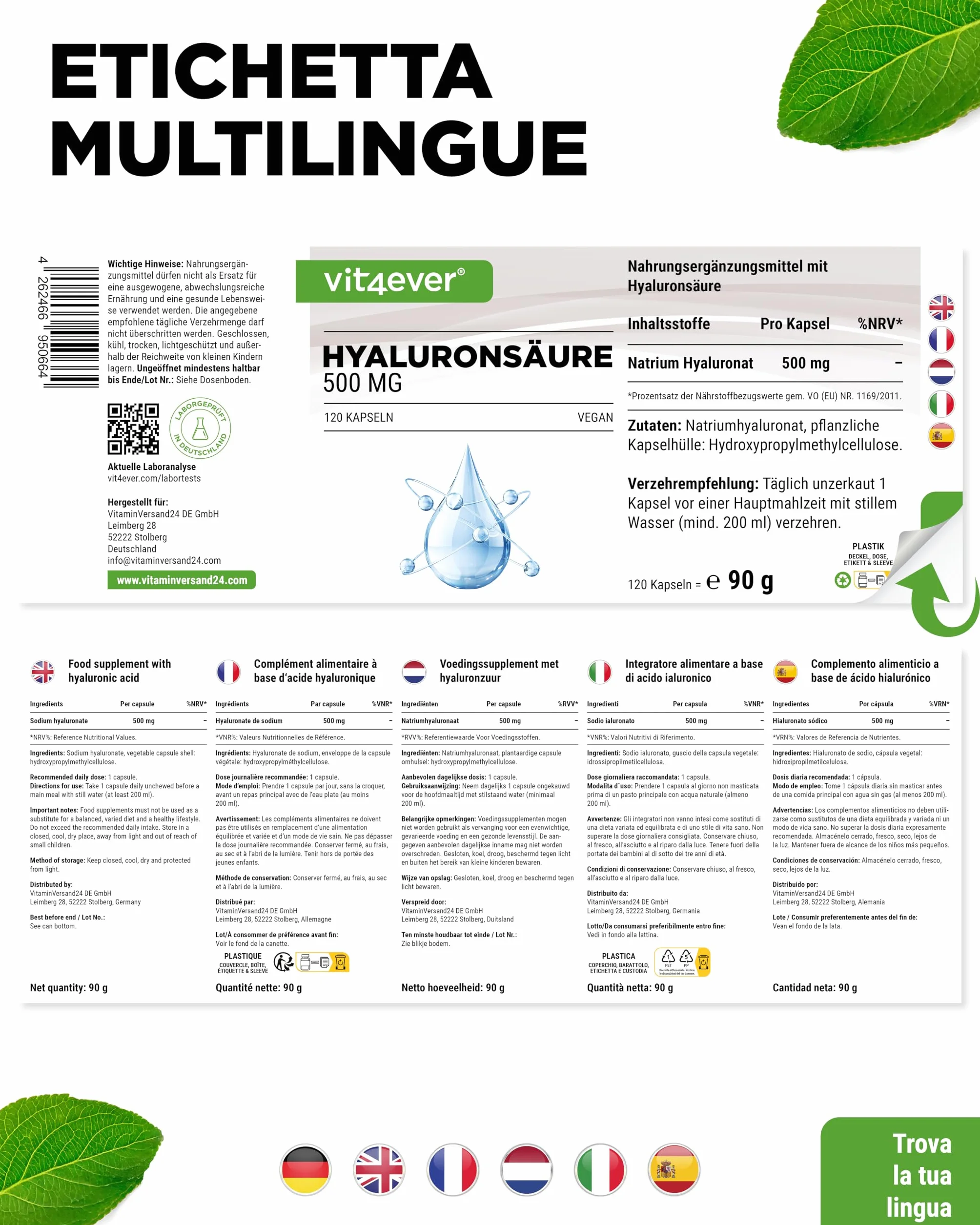 Acido Ialuronico 120 Capsule 500 mg 500-700 kDa Fermentazione Vegetale Vegano