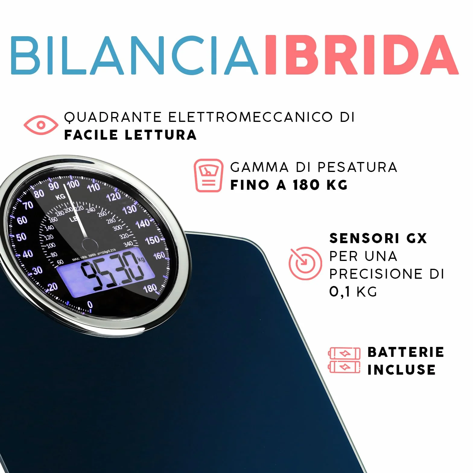 Bilancia Pesapersone Digitale Adamson Hybrid 2-in-1 Analogica e Digitale 180 kg Display LCD Vetro Temperato
