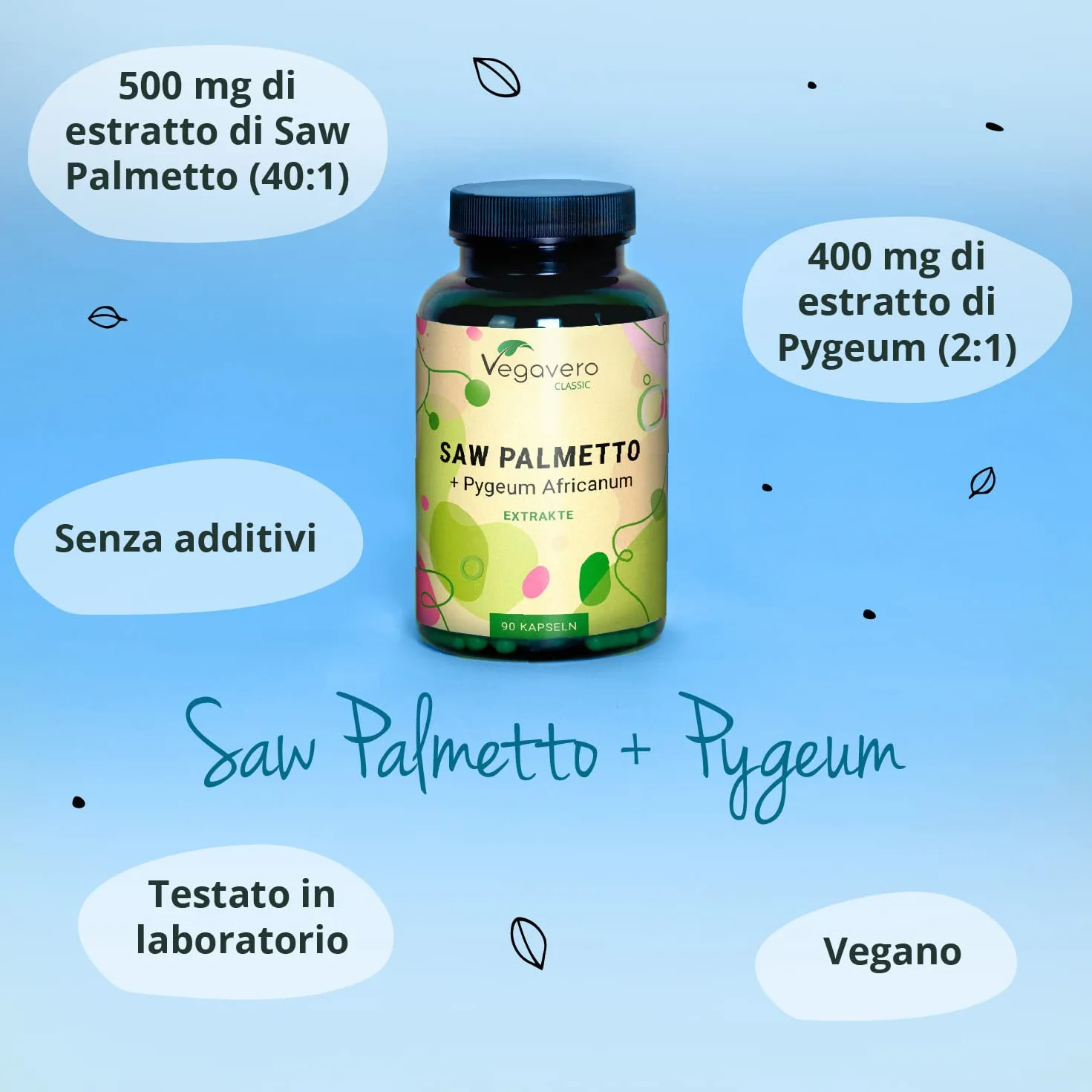 Vegavero® SAW PALMETTO 10.000 mg Pygeum Africanum Serenoa Repens Acidi Grassi Steroli Salute Prostata Capelli 90 capsule Vegan
