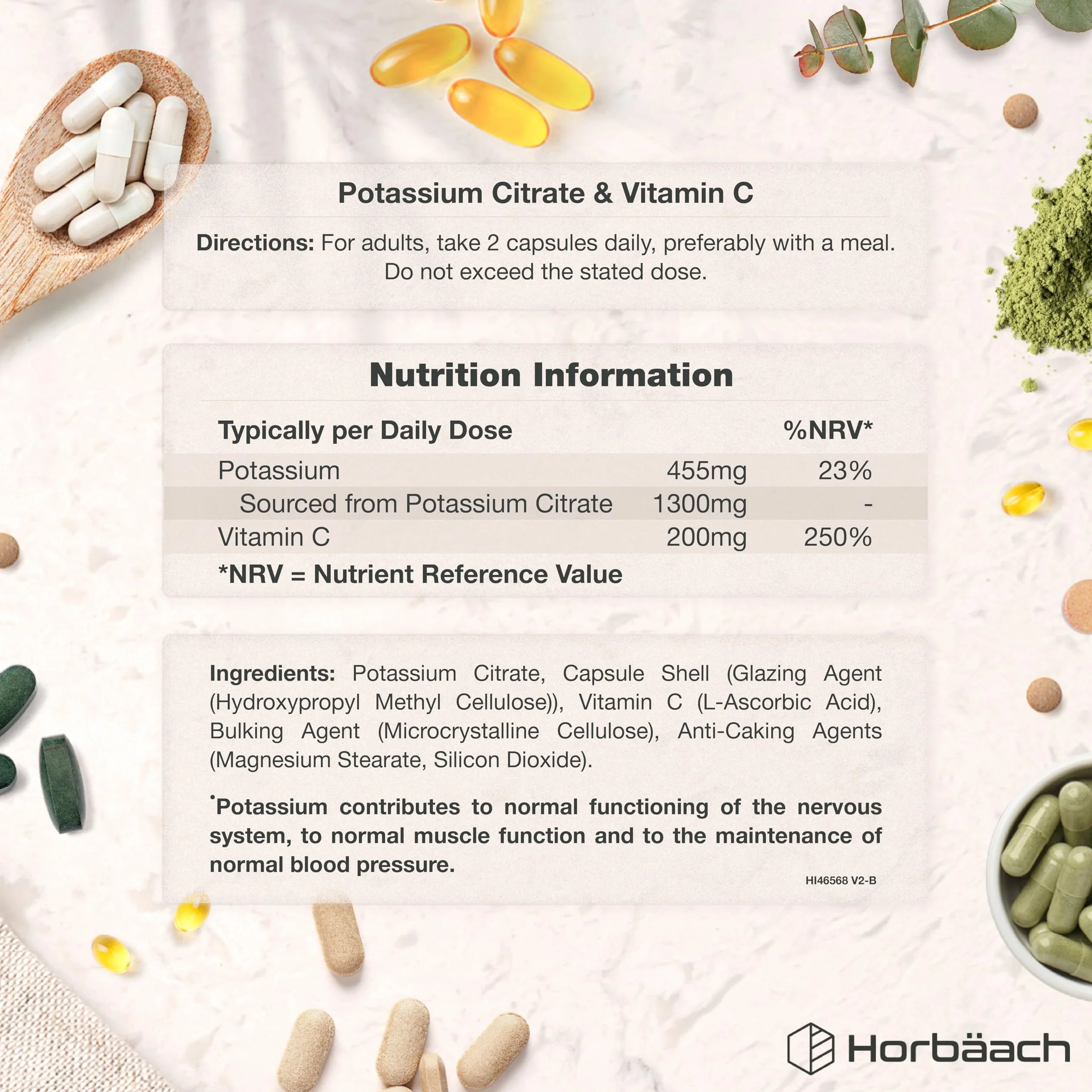 Citrato di Potassio con Vitamina C | 120 Compresse Vegane | 1500mg di Potassium Citrate | Aumento della massa muscolare e Elettroliti (EFSA) | Integratore di Potassio | Horbaach