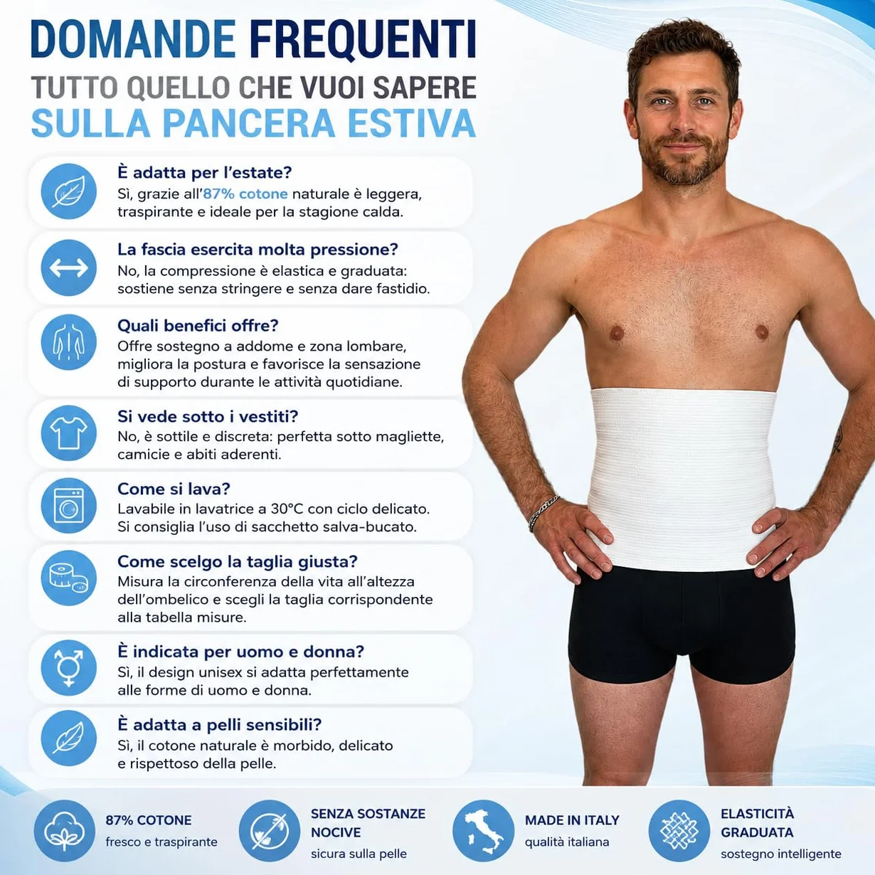 eMMe SQUARE - Fascia Lombare Estiva in Cotone Traspirante Unisex – Pancera Contenitiva, Supporto Schiena Addominale Elasticizzato Made in Italy – Ideale per l'Estate (L)