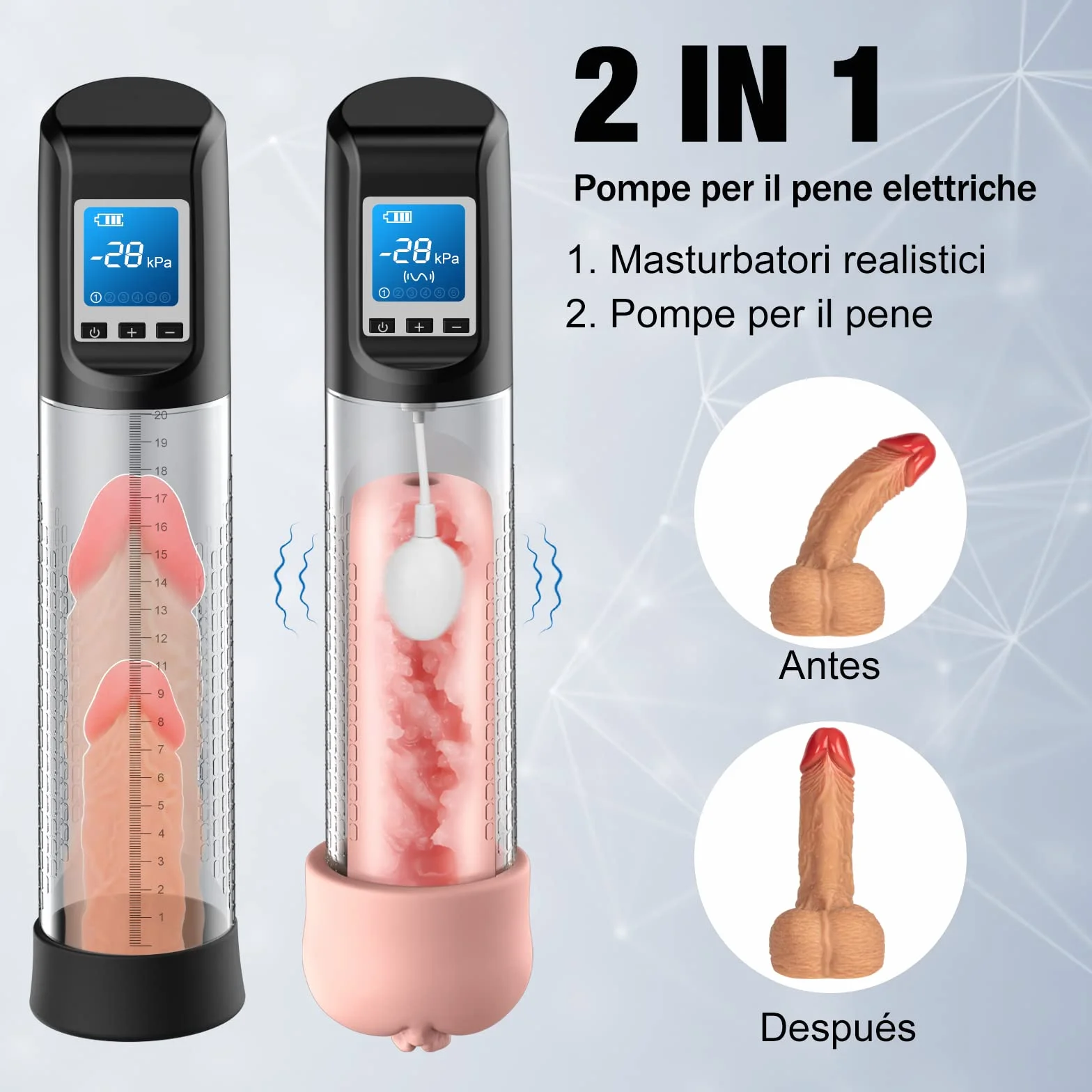2 IN 1 Pompa per Pene Ingrandimento-Pene Pompe Elettriche con 6 Potenze di Aspirazione e 9 Intensità di Vibrazione - Automatica Maschile funziona Anche Come Masturbatore Realistico