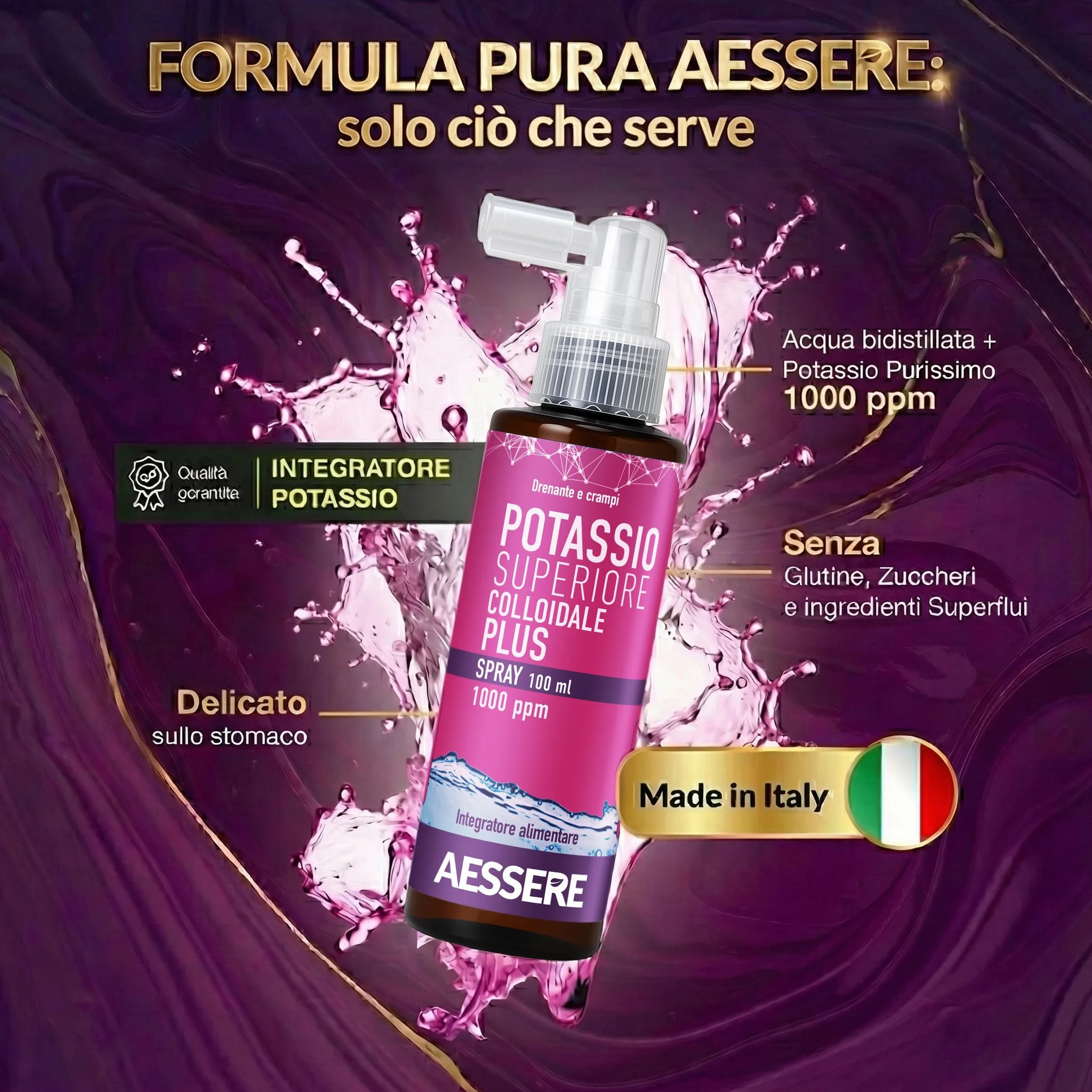 Potassio Colloidale Spray - Integratore di Potassio Plus ad Alta Biodisponibilità 1000 ppm Supporto per Crampi, Muscoli e Sistema Nervoso, Senza Zuccheri, Gusto Neutro - Made in Italy- Aessere 100ml