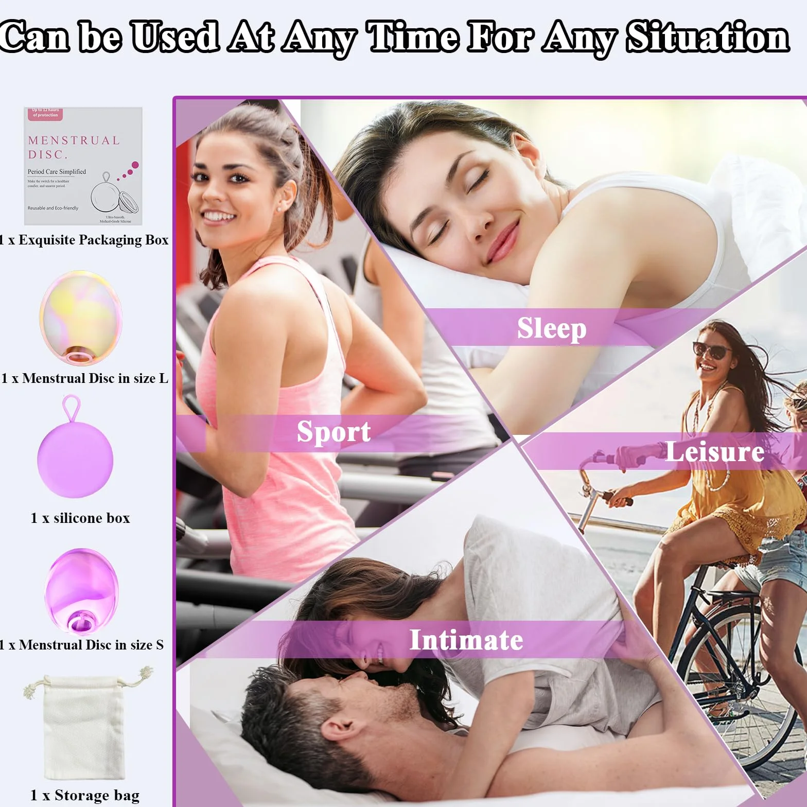2 pezzi di disco mestruale, disco mestruale riutilizzabile, tazze mestruali a prova di perdita realizzate in silicone, per donne sport attivi, nuoto e intimità （S+L）