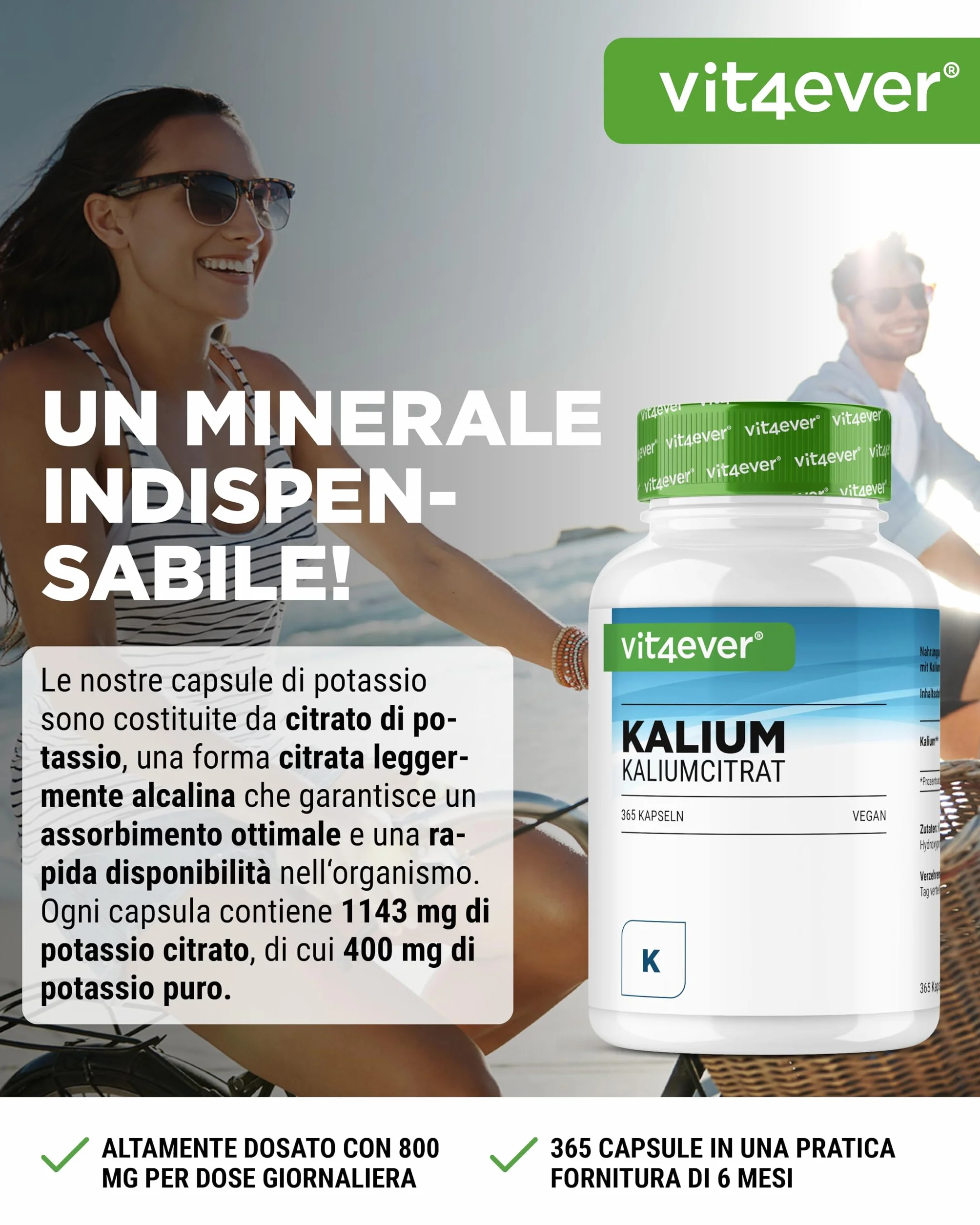 Potassio - 365 capsule con 800 mg di potassio elementare (da citrato di potassio) per porzione giornaliera - 100% citrato - Vegano