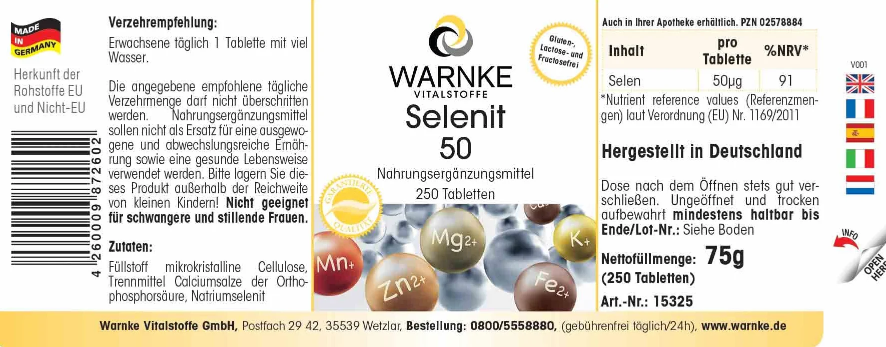 Selenio 50 mcg integratore di sodio - Ottenuto da selenio - Sostanza pura - 250 compresse | Warnke Vitalstoffe - Qualità da farmacia tedesca
