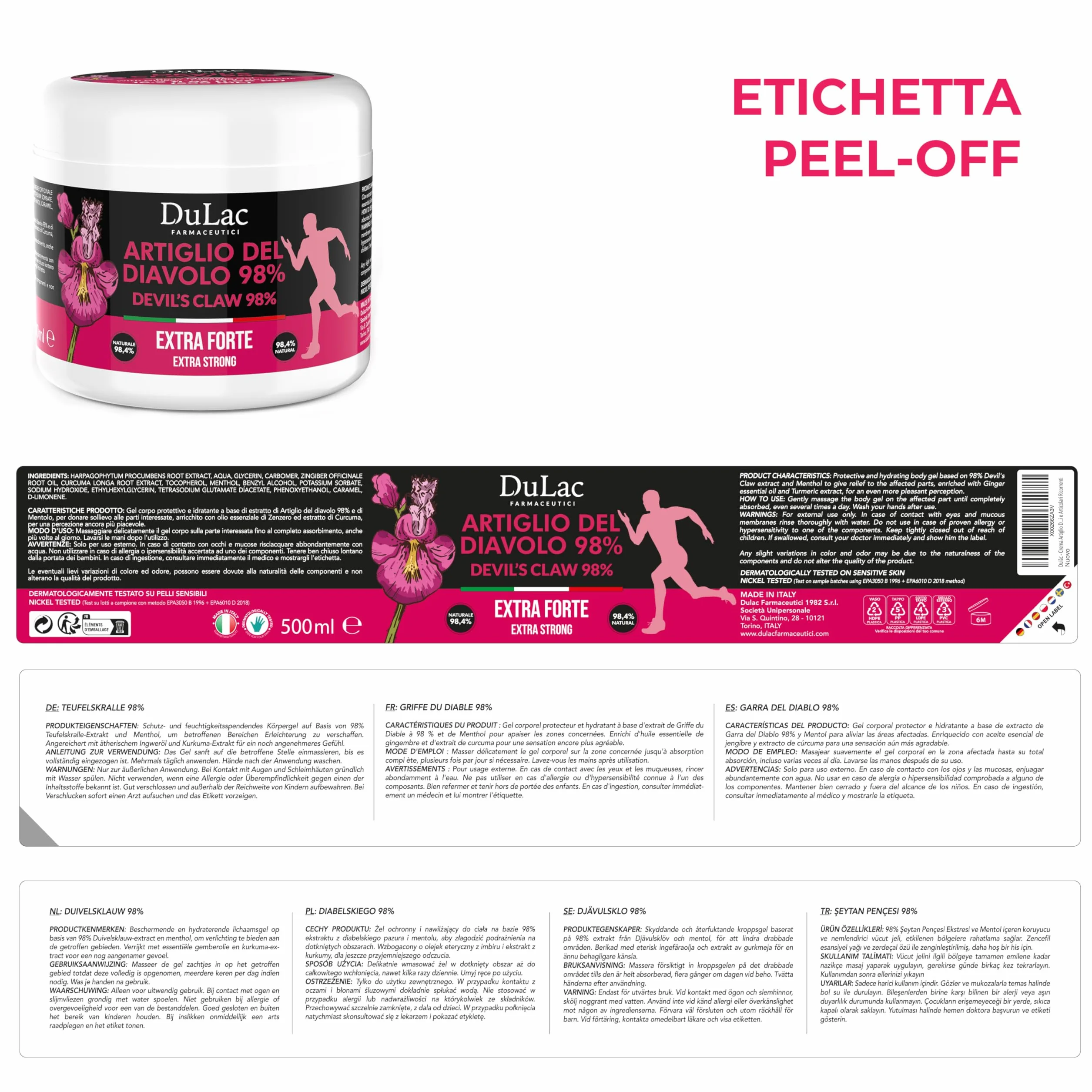 Dulac Artiglio del Diavolo 98% 500 ml Gel per Massaggio Muscolare Effetto Rinfrescante con Zenzero e Mentolo