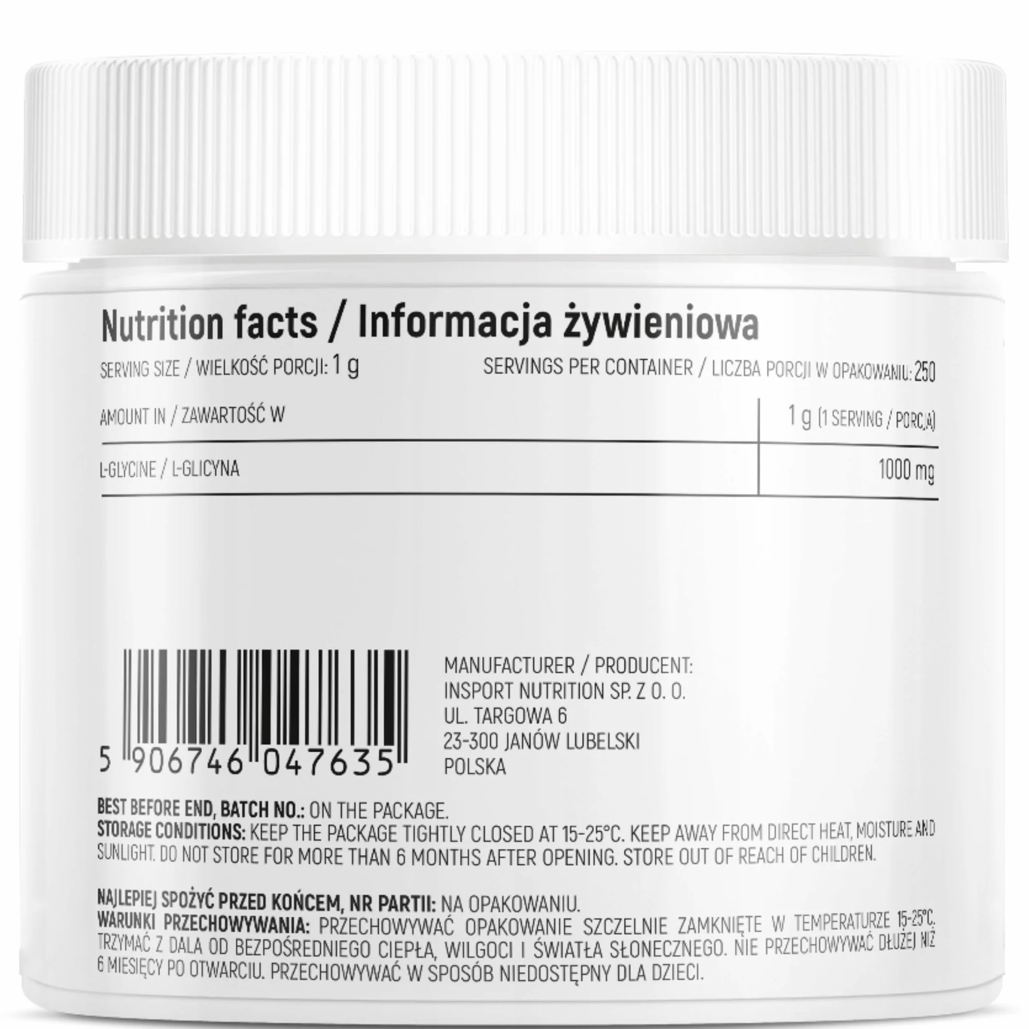 Glicina in Polvere 250g | L-Glicina Pura per Sistema Nervoso, Sonno e Muscoli | Integratore Antistress Naturale | INSPORT