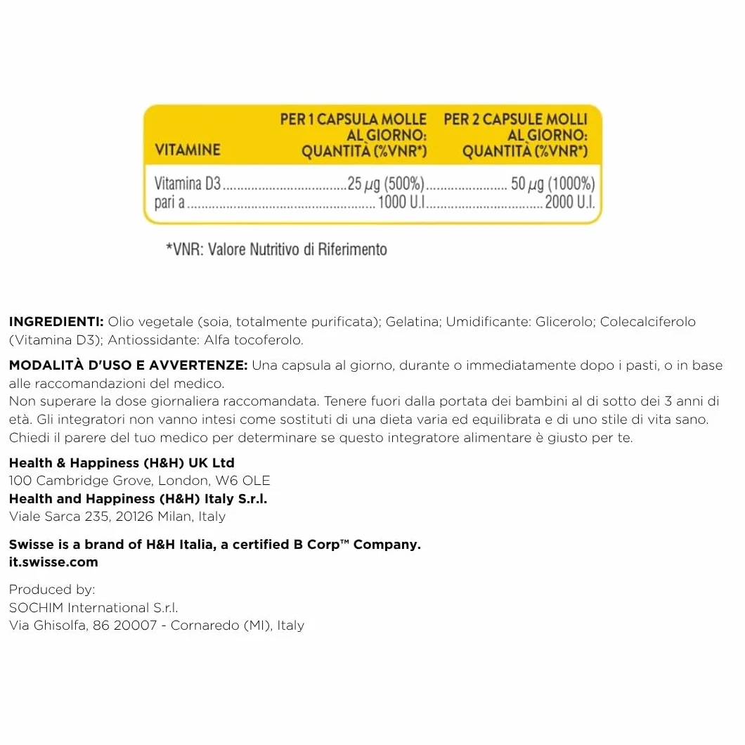 SWISSE Ultiboost- Vitamina D 2000 UI, Integratore Difese Immunitarie Adulti, Integratori Alimentari Donna e Uomo con vitamina D3 per Mantenimento Ossa e Denti Sani, Made in Italy, 100 Capsule Molli
