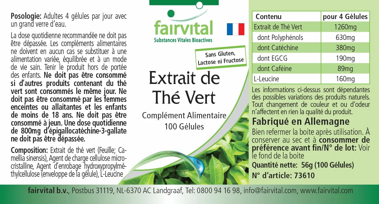 fairvital Estratto di tè verde, 100 capsule, facili da deglutire, polifenoli, catechine, EGCG e caffeina, ALTO DOSAGGIO, VEGANO, Camellia sinensis