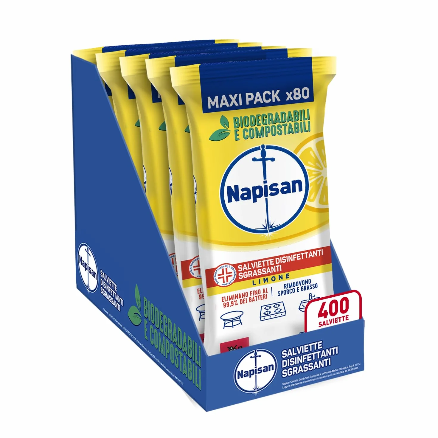 Napisan Salviette Disinfettanti Sgrassanti al Limone 5x80 Biodegradabili Compostabili Multisuperfici