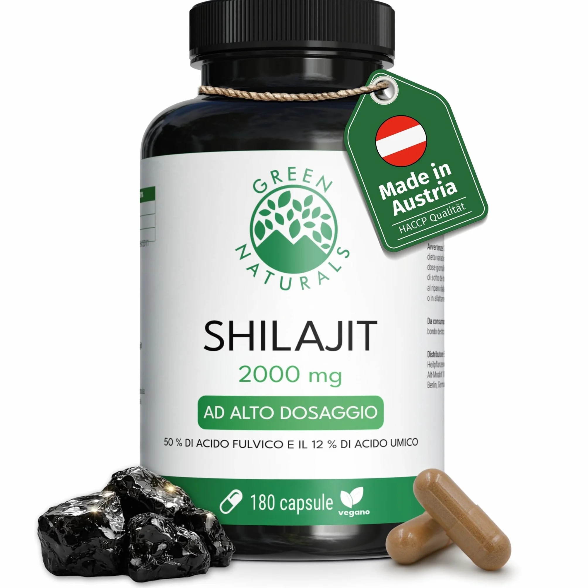 Green Naturals® Shilajit 40.000 mg per dose giornaliera (estratto 20:1) - Capsule originali dell'Himalaya con il 50% di acido fulvico e il 12% di acido umico – 180 capsule (3 mesi)