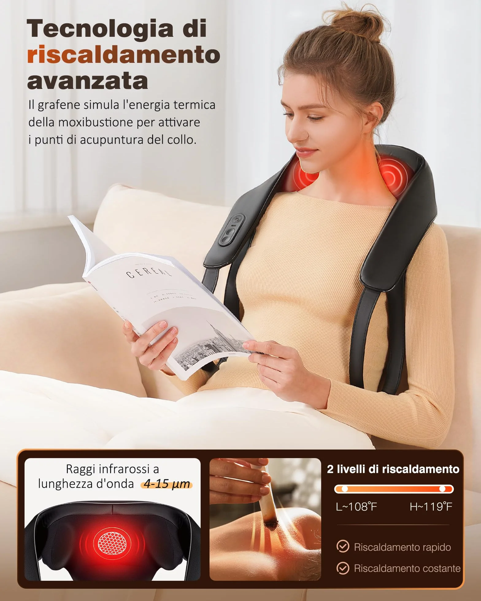 KNQZE® Massaggiatore cervicale senza fili, Massaggiatore schiena e collo ricaricabile, Massaggiatore shiatsu 4D con impastamento profondo, Riscaldamento al grafene potenziato, Regalo festa della mamma