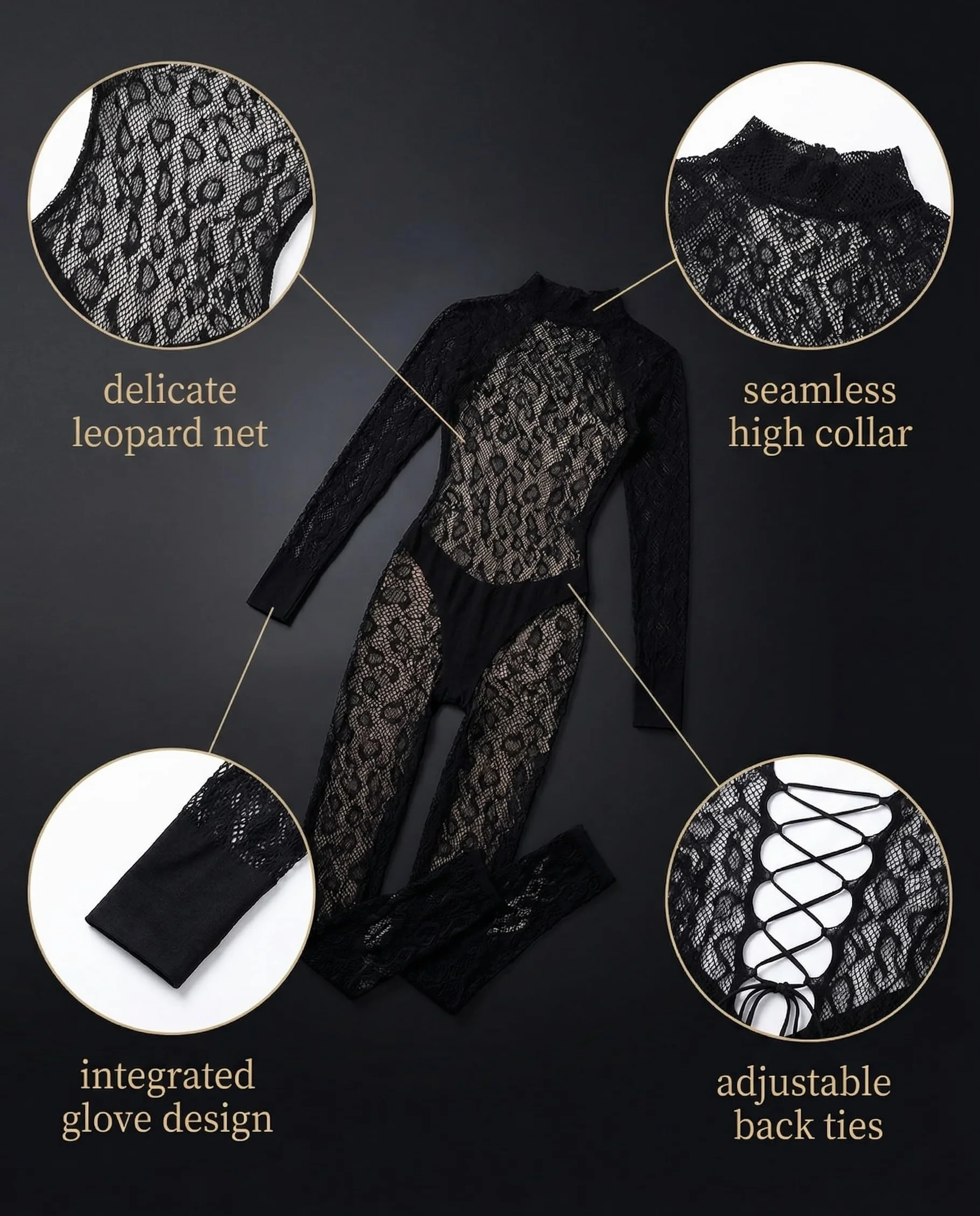 Body Pizzo Leopardato Rete Trasparente a Maniche Lunghe Nero Donna