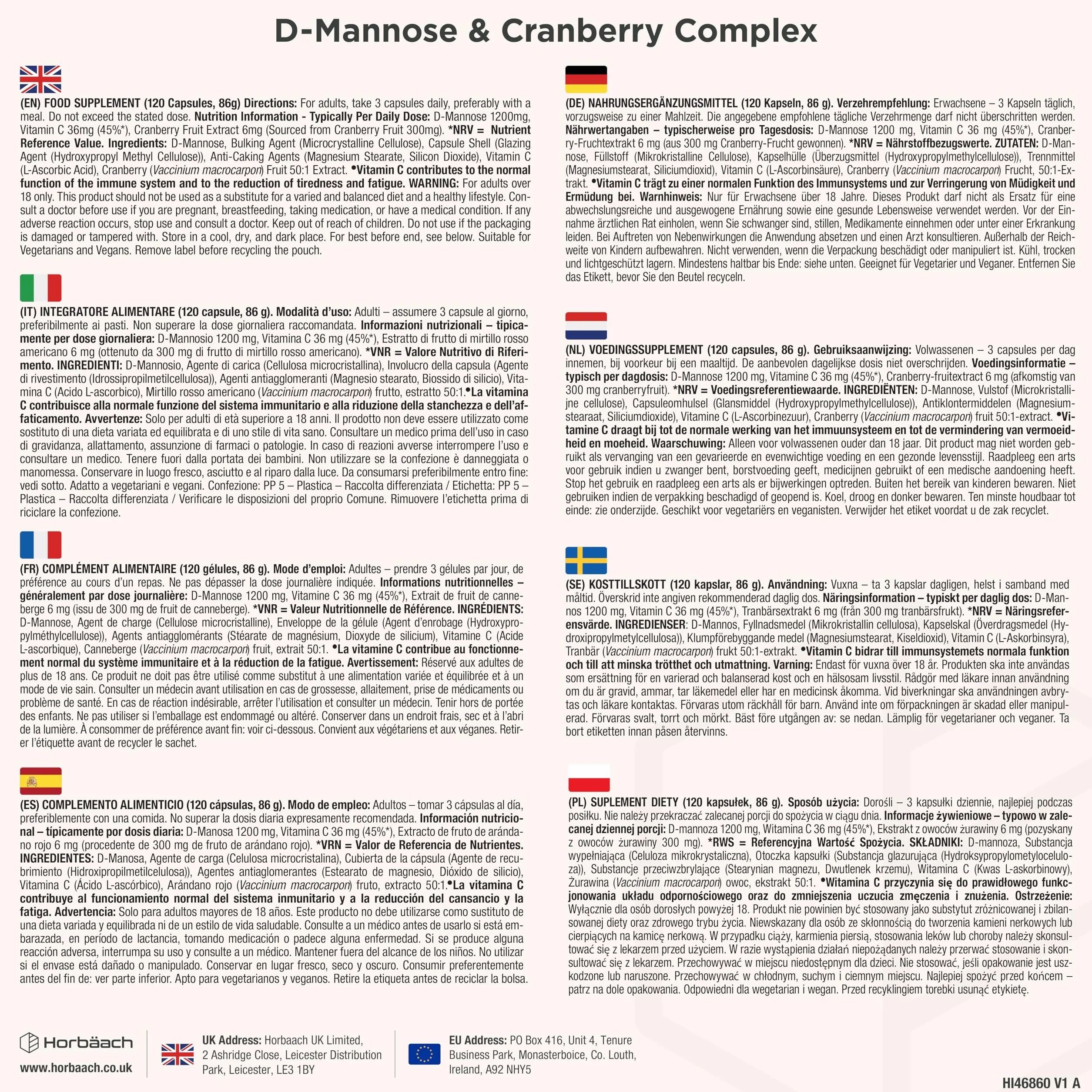 D Mannosio Cranberry 1500 mg | 120 Capsule Vegane | con Vitamina C | aiuta il Sistema Immunitario | di Horbaach