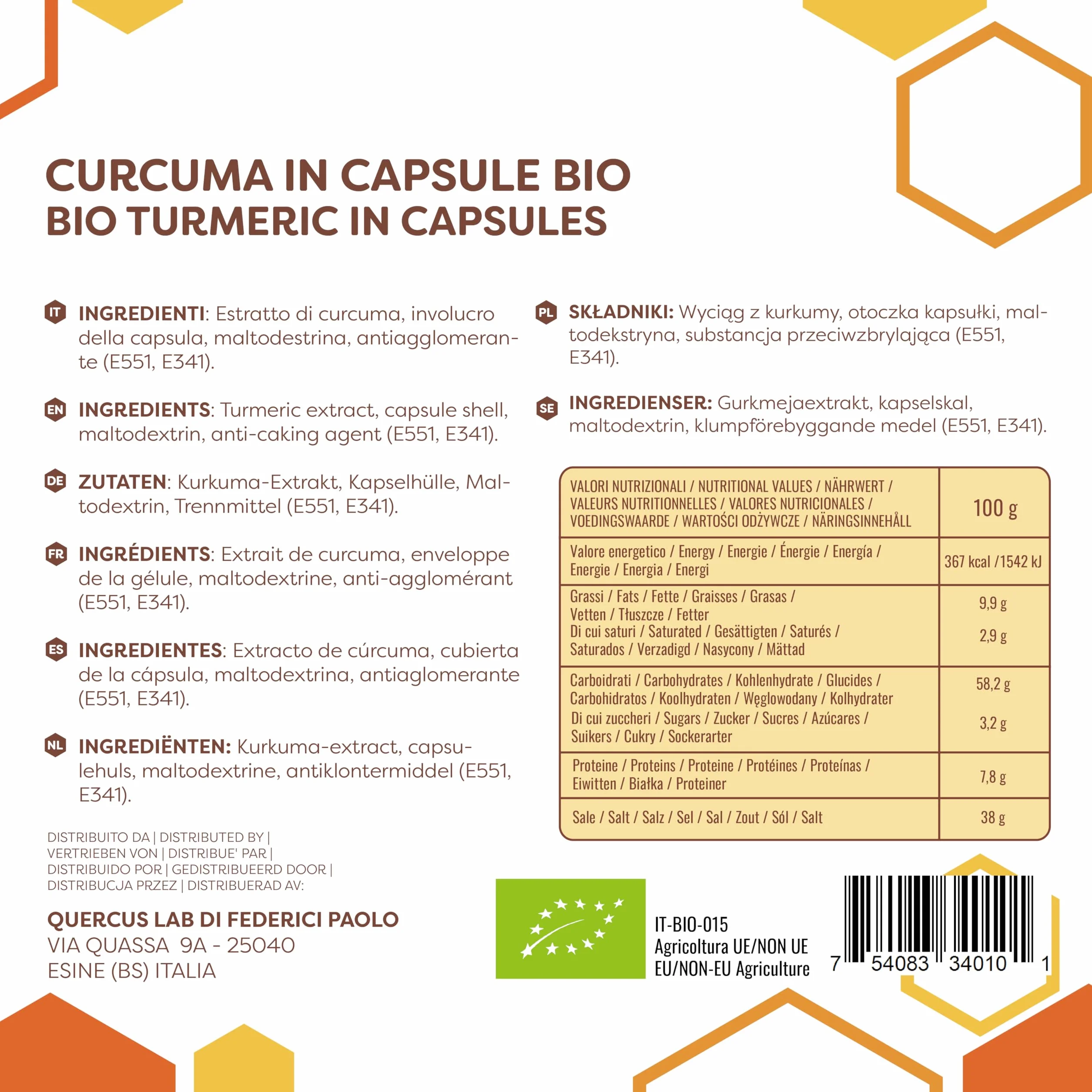 ERBOTECH Curcuma BIO Capsule 100g 140 Capsule Integratore Alimentare Naturale