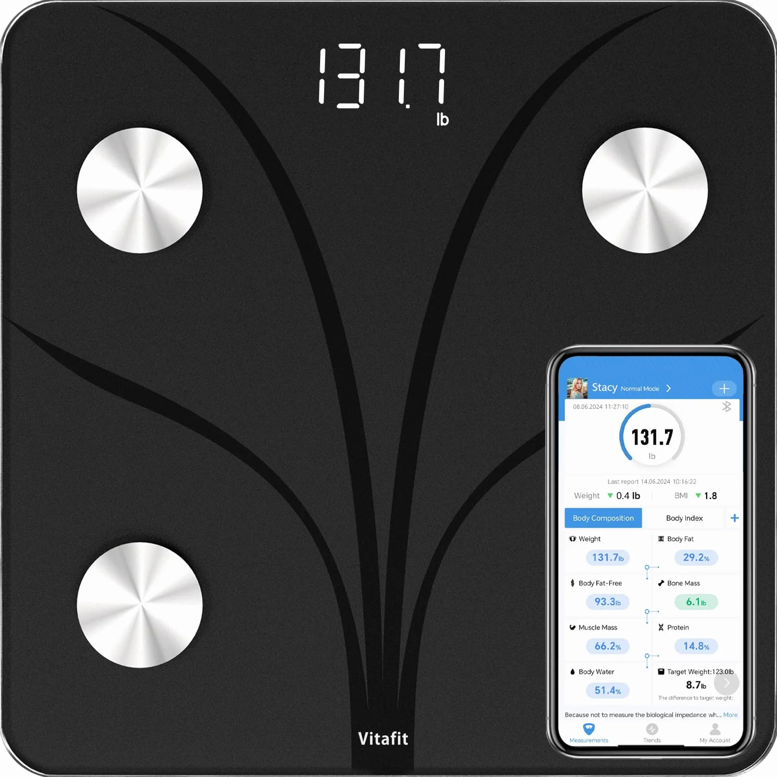 Vitafit Bilancia Pesapersone Impedenziometrica App Sync 13 Composizione Corporea BMI Grasso Corporeo 182kg Nero