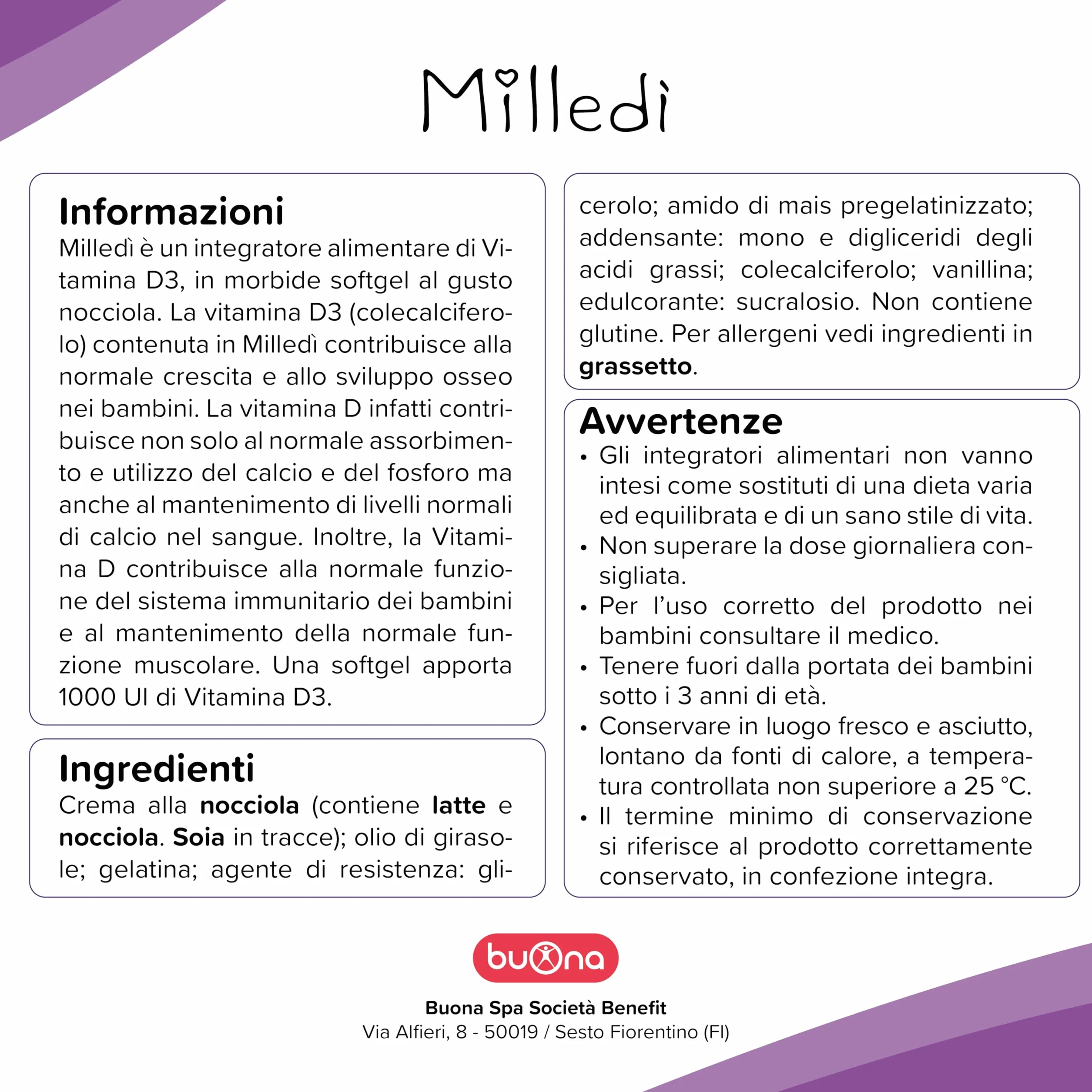 Buona Milledì Integratore Alimentare Vitamina D3 Bambini 30 Softgel Masticabili Gusto Nocciola