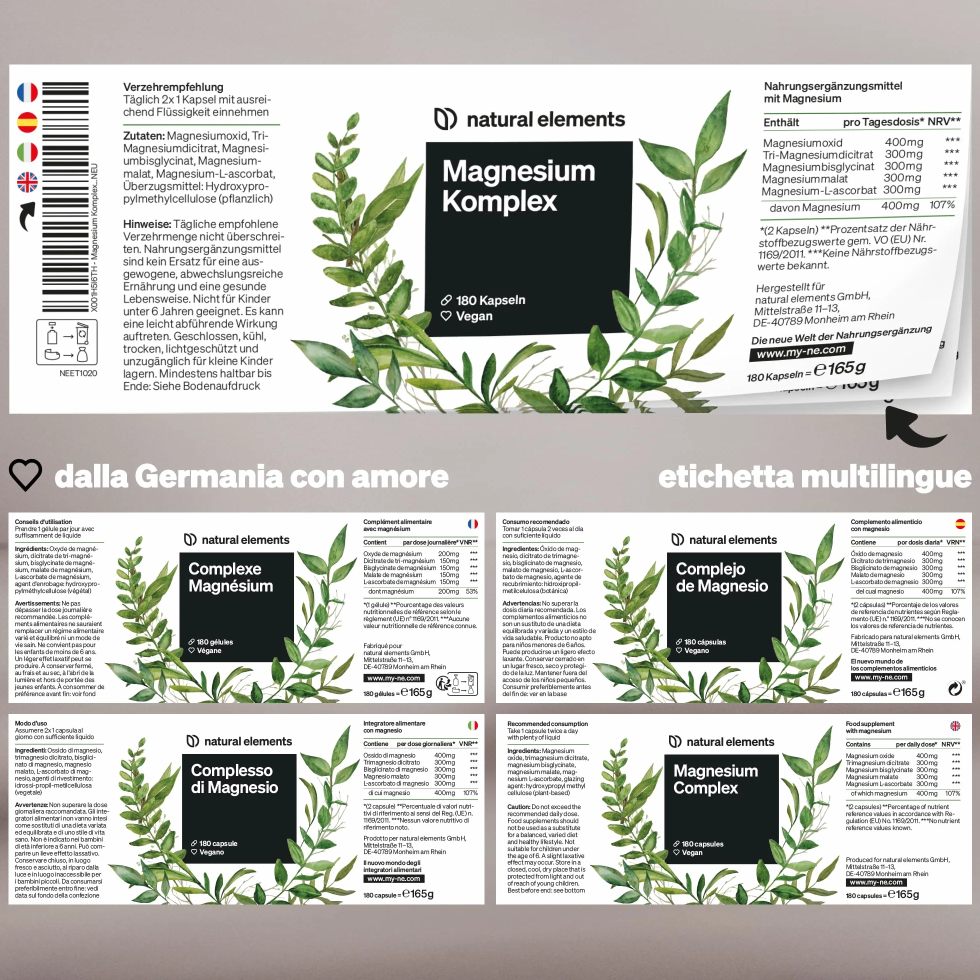 Magnesio Completo – qualità premium: a base di 5 composti di alta qualità – 400 mg di magnesio elementare per dose giornaliera – testato in laboratorio, vegano, ad alto dosaggio