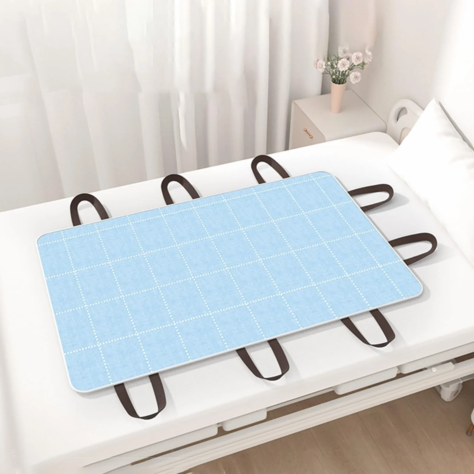 Letto Anziani con Maniglie Rinforzate Impermeabile Telo Riposizionamento 115x150cm Blu a Quadri