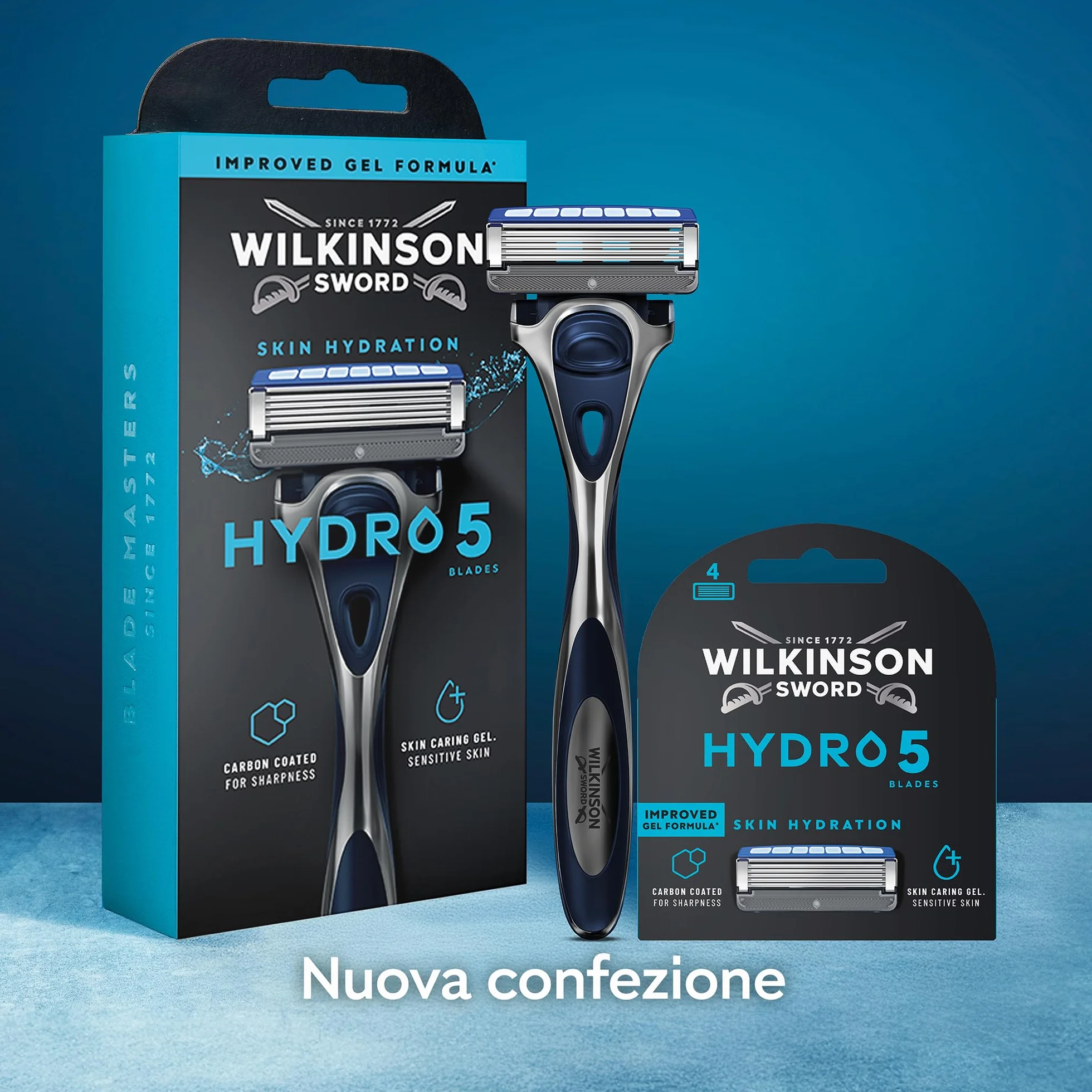Wilkinson Sword Hydro 5, rasoio da uomo ad azione idratante con lame rivestite in carbonio, manico + 1 ricarica