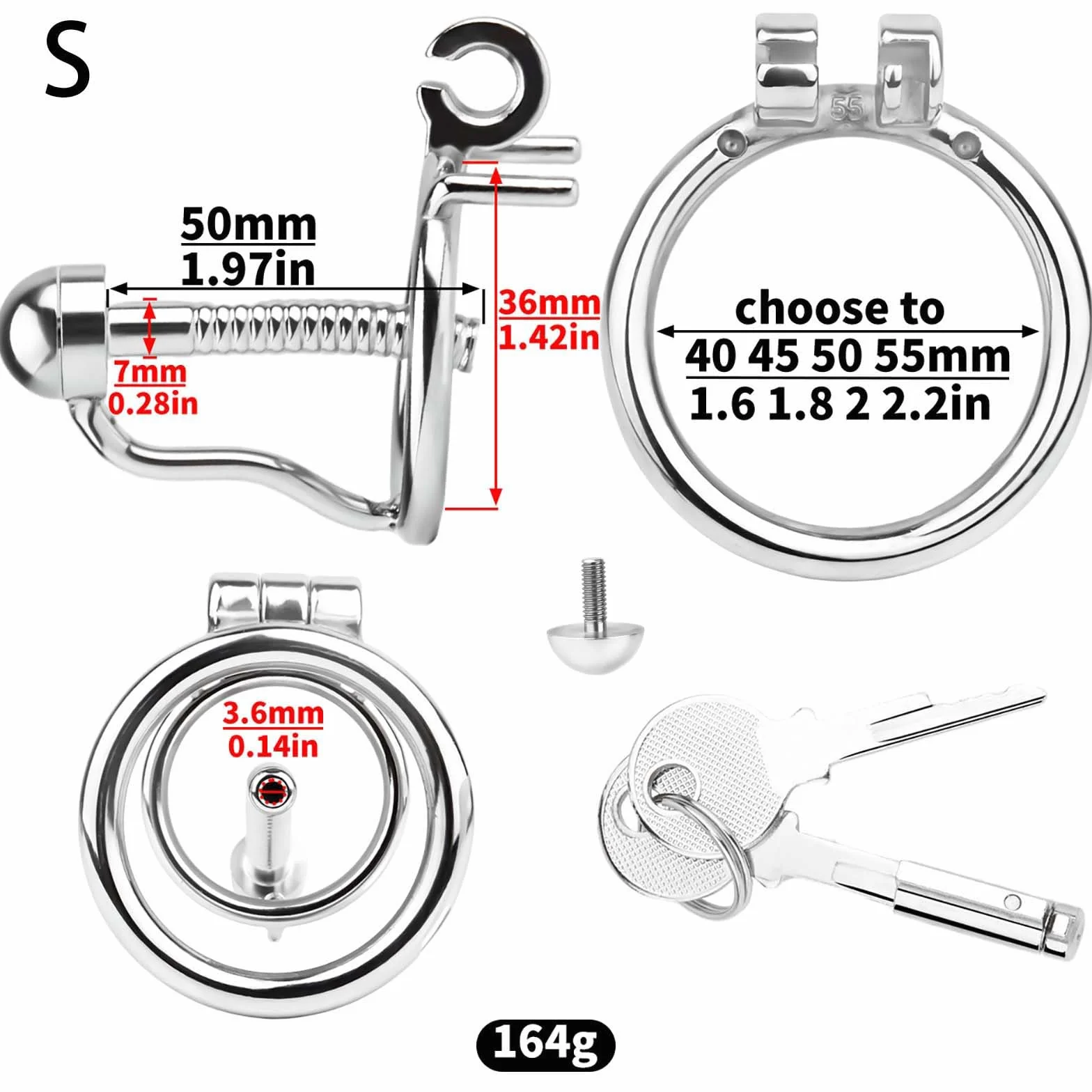 Asta di sondaggio cava liscia in acciaio inossidabile, dilatatore maschile squisito per una facile minzione con anello di ritenzione, 3 misure opzionali -D59IT (S, 50mm ring)
