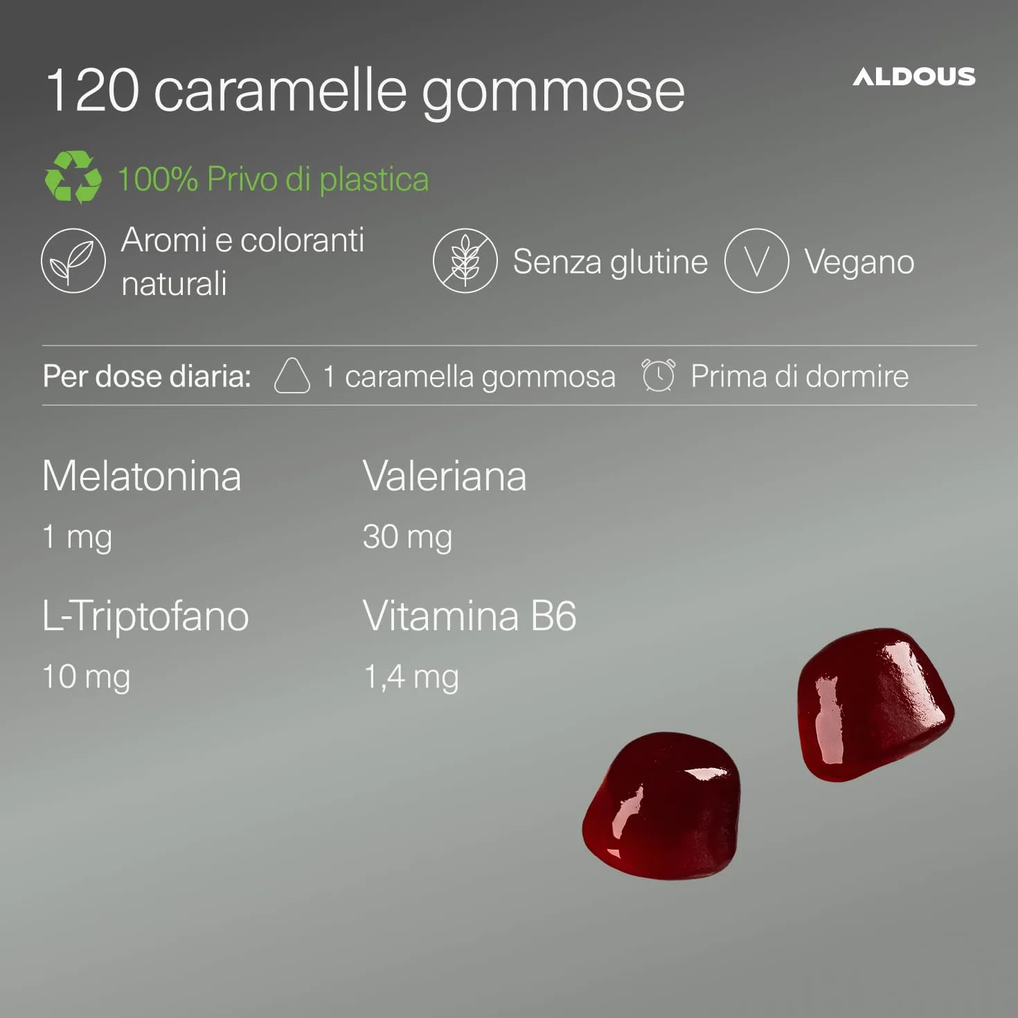 Caramelle Melatonina 120 Caramelle Gommose Valeriana Triptofano Vitamina B6 Integratore per Dormire Sonno Profondo Vegan ALDOUS