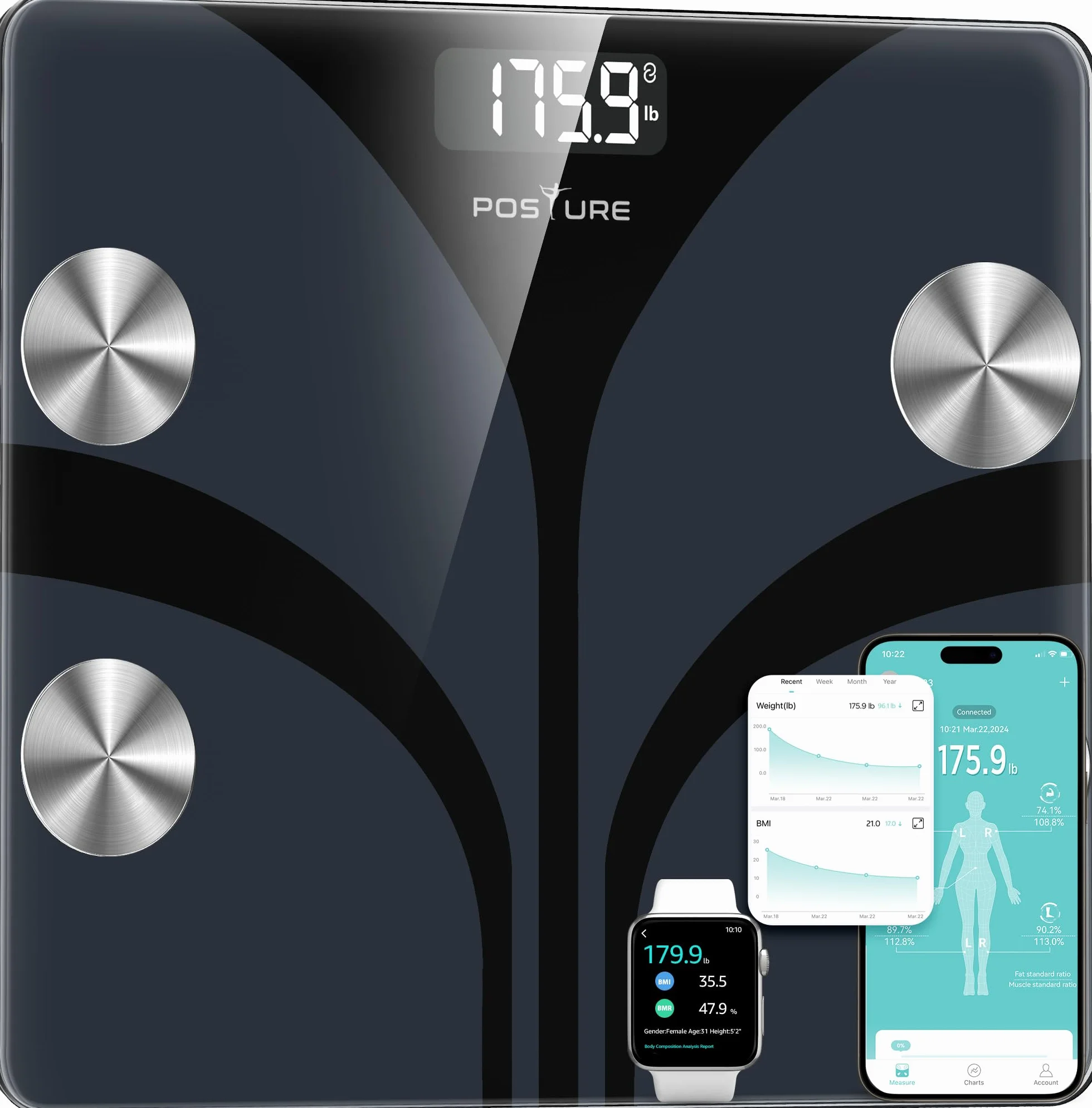 Posture Bilancia Pesapersone Digitale Smart da Bagno Analizza 13 Elementi Composizione Corporea Bluetooth BMI 180 kg Nero