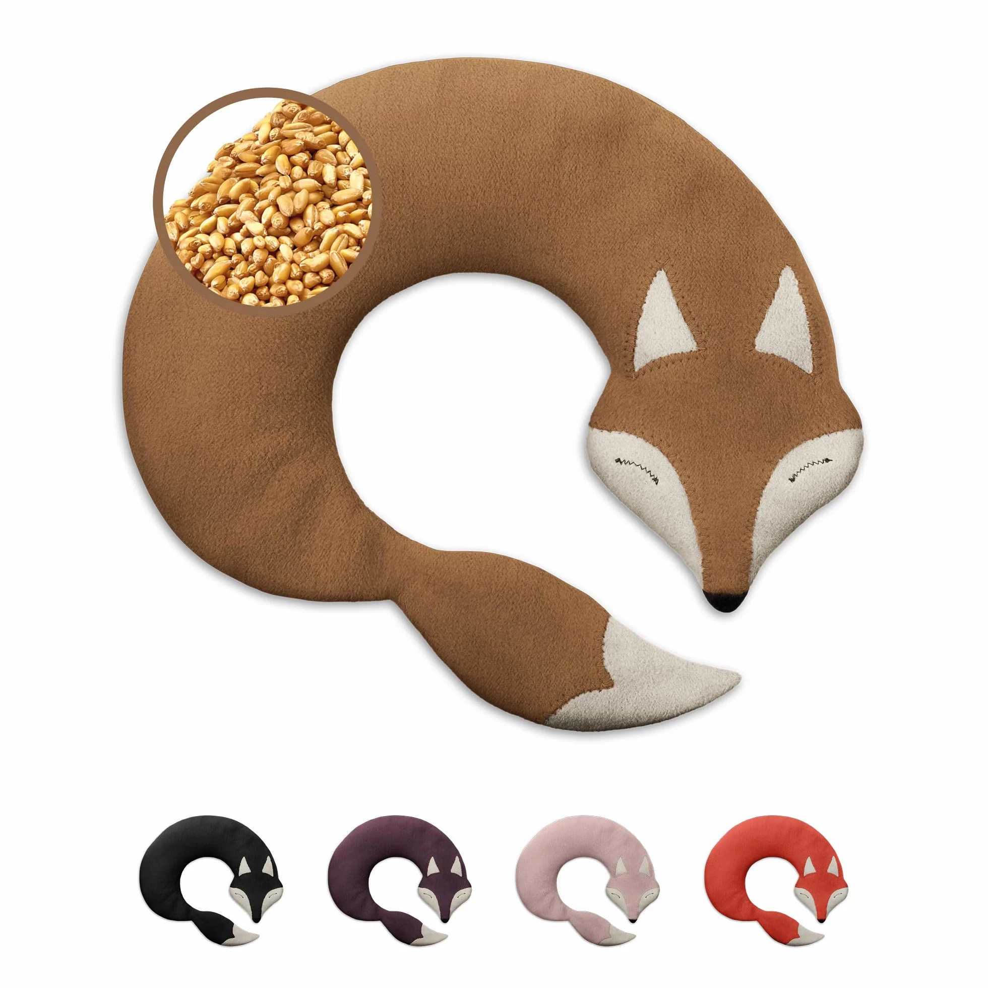 LESCHI Cuscino cervicale termico per microonde - 100% cotone e grano biologico - Cuscino riscaldante ideale per sciogliere tensioni a collo, spalle e schiena - Volpe, beige