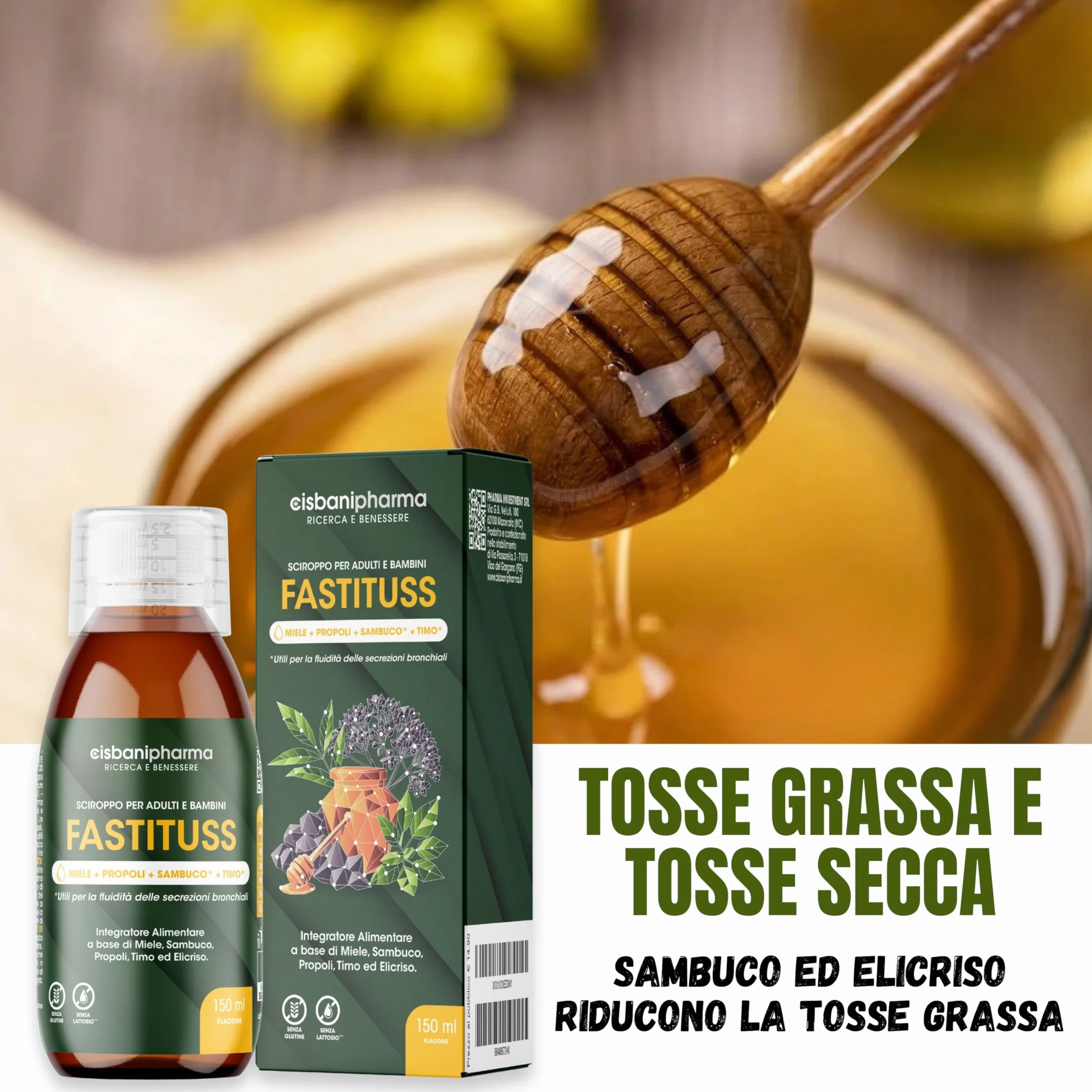 CISBANI PHARMA Sciroppo tosse secca e grassa e mal di gola a base di Sambuco, Miele, Propoli, Timo ed Elicrisio - Emolliente e lenitivo - Flacone 150 ml, per Adulti e Bambini