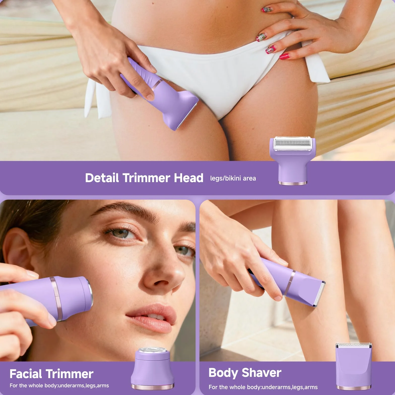 Rasoio elettrico indolore da donna, IPX7, impermeabile, senza fili, depilazione pubica, con dock di ricarica USB, per ascelle, gambe, braccia, corpo, viso, pelle setosa (lilla)