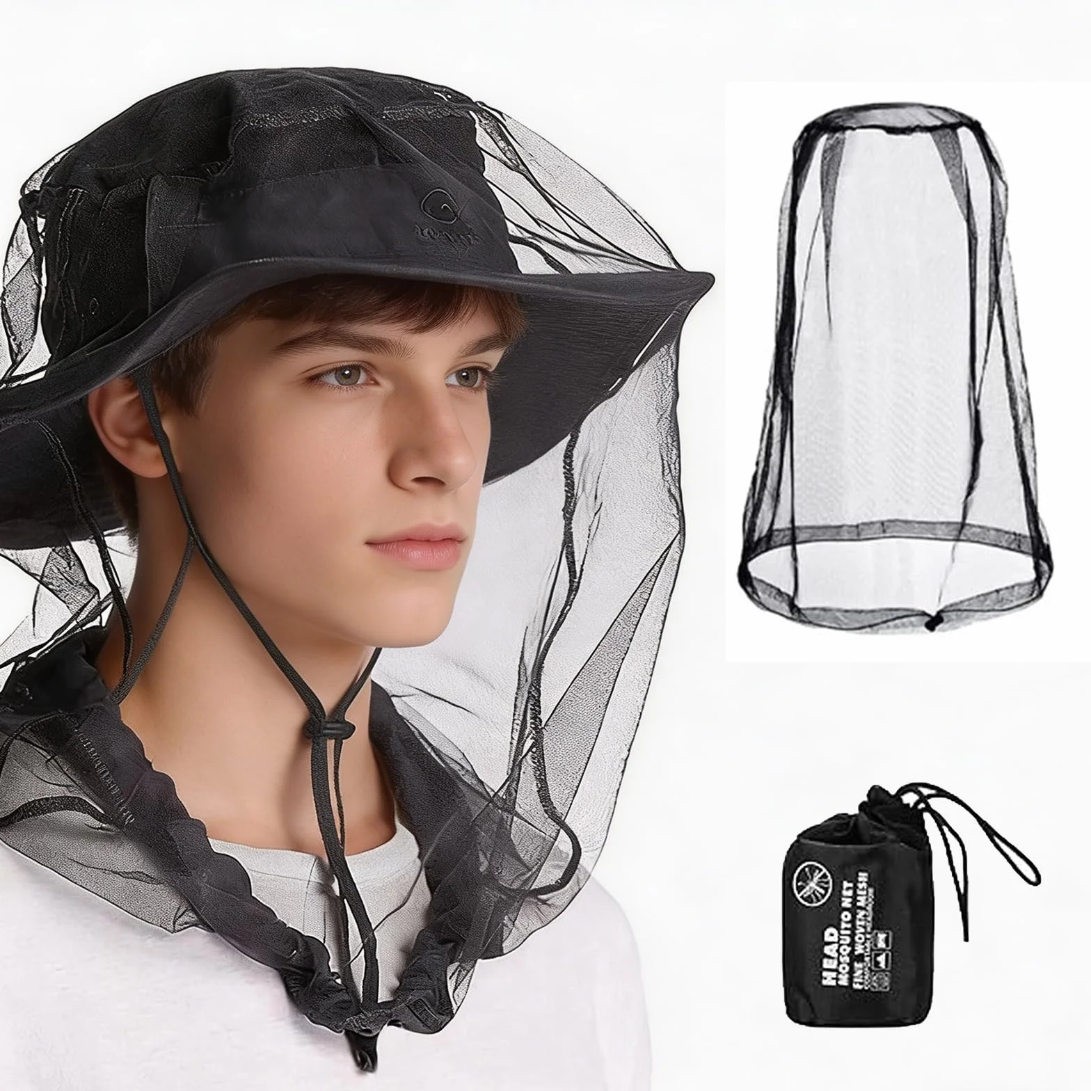 Cappello Zanzariera Testa in Rete per Insetti Campeggio Escursionismo Pesca Giardinaggio Safari 40x46cm