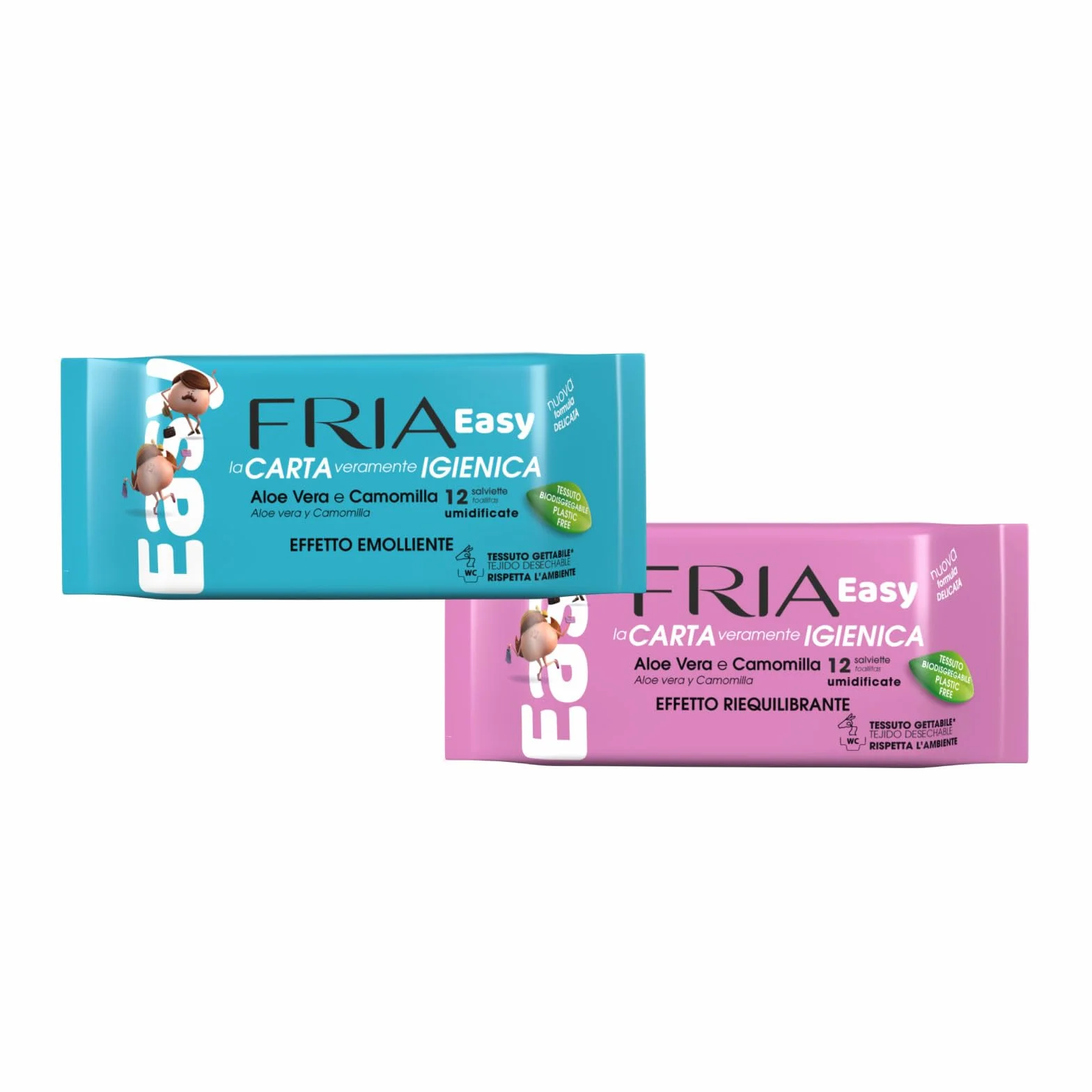 Fria Salviette Umidificate con Aloe Vera e Camomilla, Tessuto Gettabile nel WC, Confezione Tascabile da 12