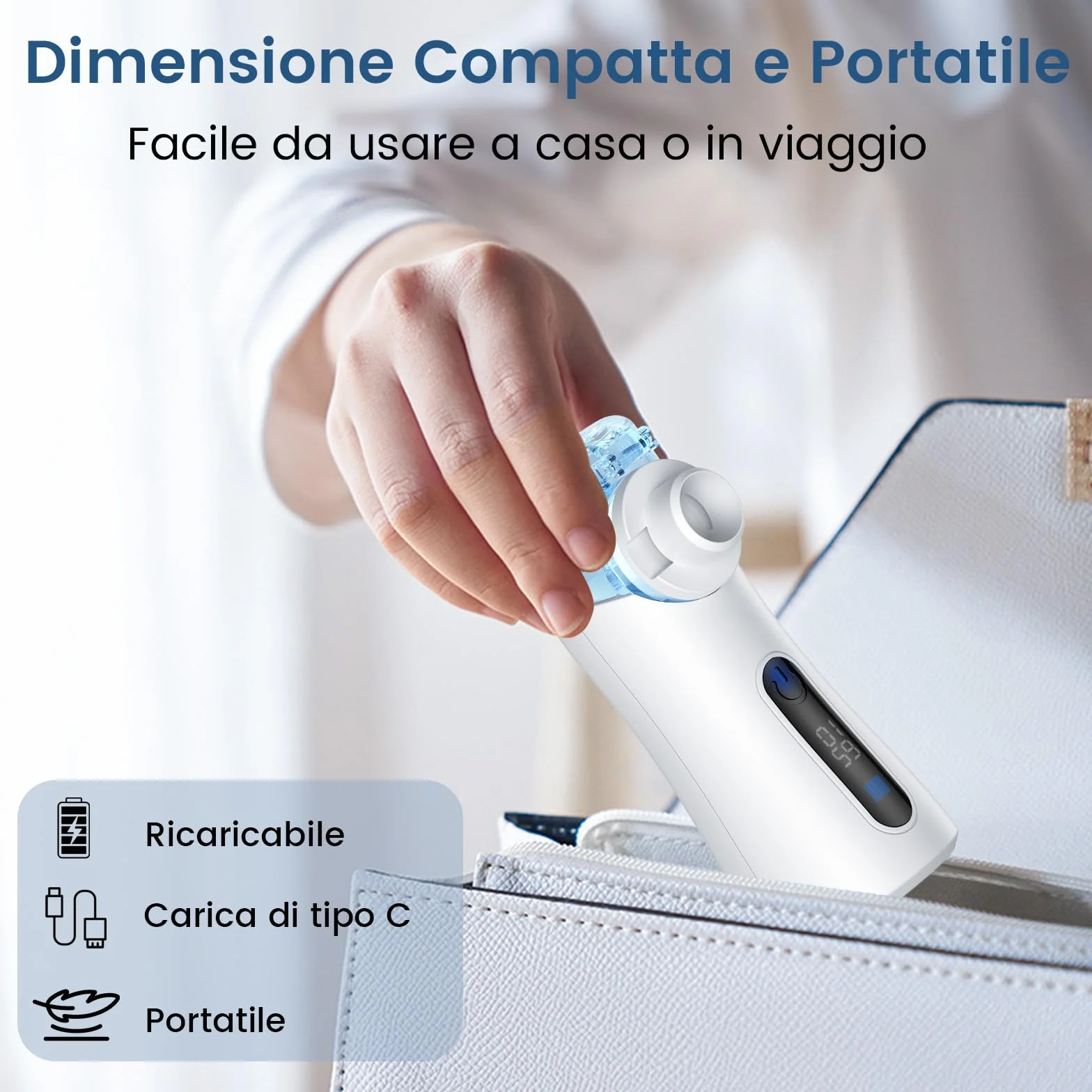 Nebulizzatore ad Ultrasuoni Portatile 85g Silenzioso 30dB 2 Modalità Display Digitale Autopulizia