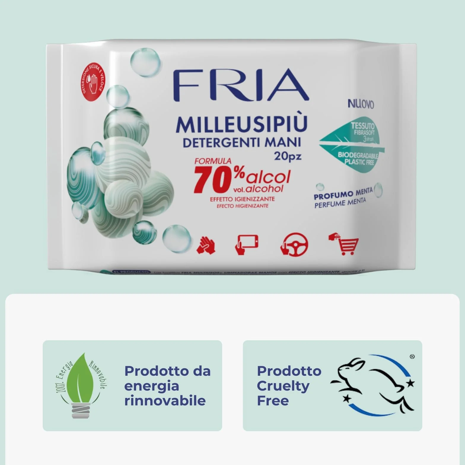 Fria MilleusiPiù Igienizzanti Salviette Detergenti 70% Alcol Tessuto Fibrasoft 3 Strati Biodegradabile 20 sztuk