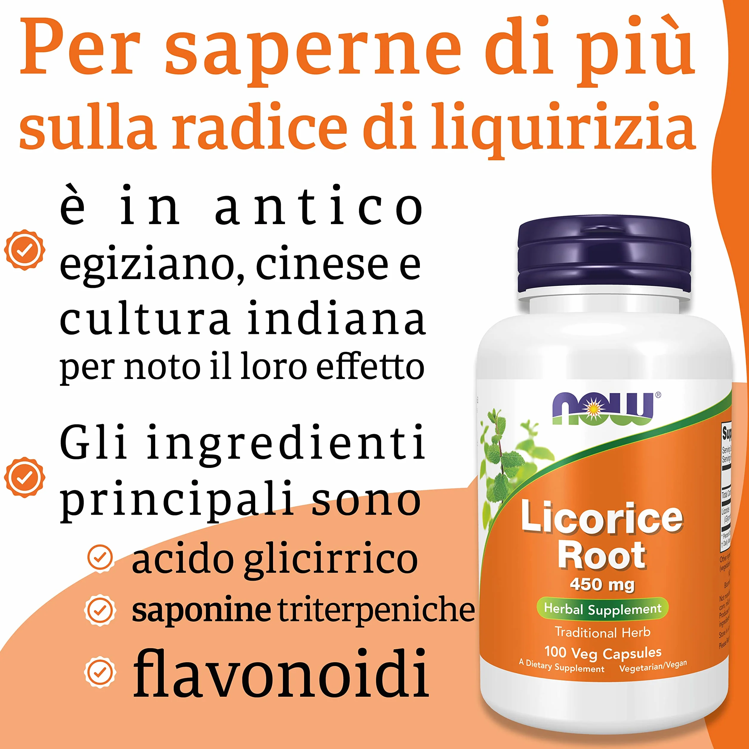 Now Foods Licorice Root 450 mg 100 Capsule Vegane Testato in Laboratorio Senza Glutine